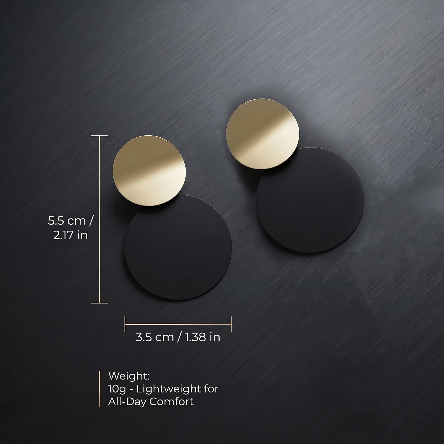Black Gold Earrings Women Geometric Dangle Jewelry Chic Fashion Apparel Additions Matte Finish Circular Discs Trendy Two Tone Accents Everyday Wear
