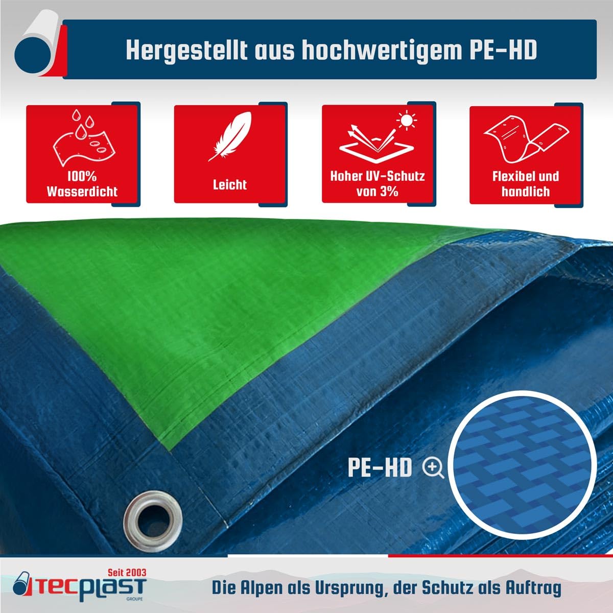 Schutzplane 5x8 m - TECPLAST - SR150MU - Blau und Grün - Hochwertige Qualität - wasserdichte Outdoor-Plane mit Ösen