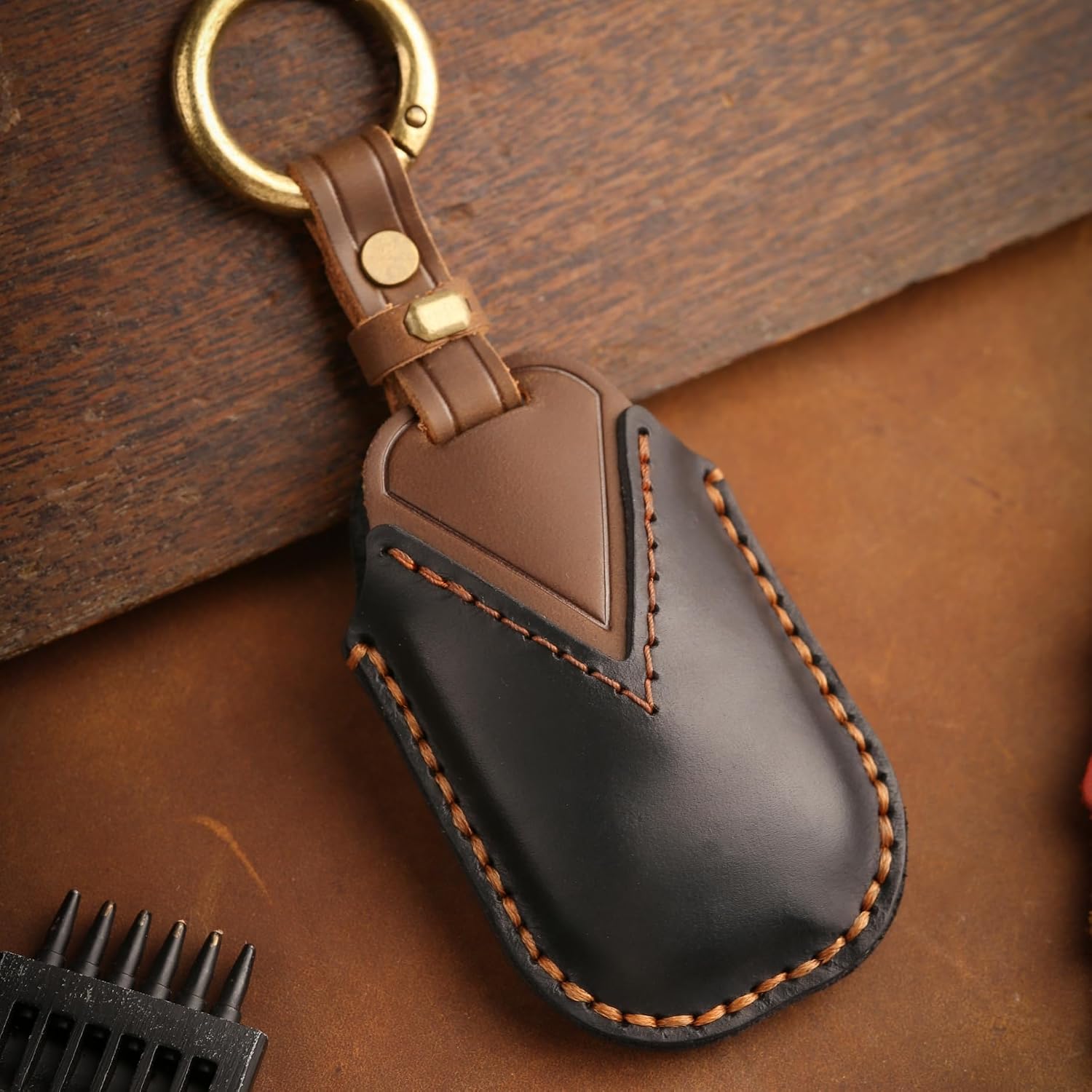 Leather Key Fob Cover for Honda 2022 2023 2024 2025 Civic Accord CR-V, 5-Button, Black Key Case with Keyring