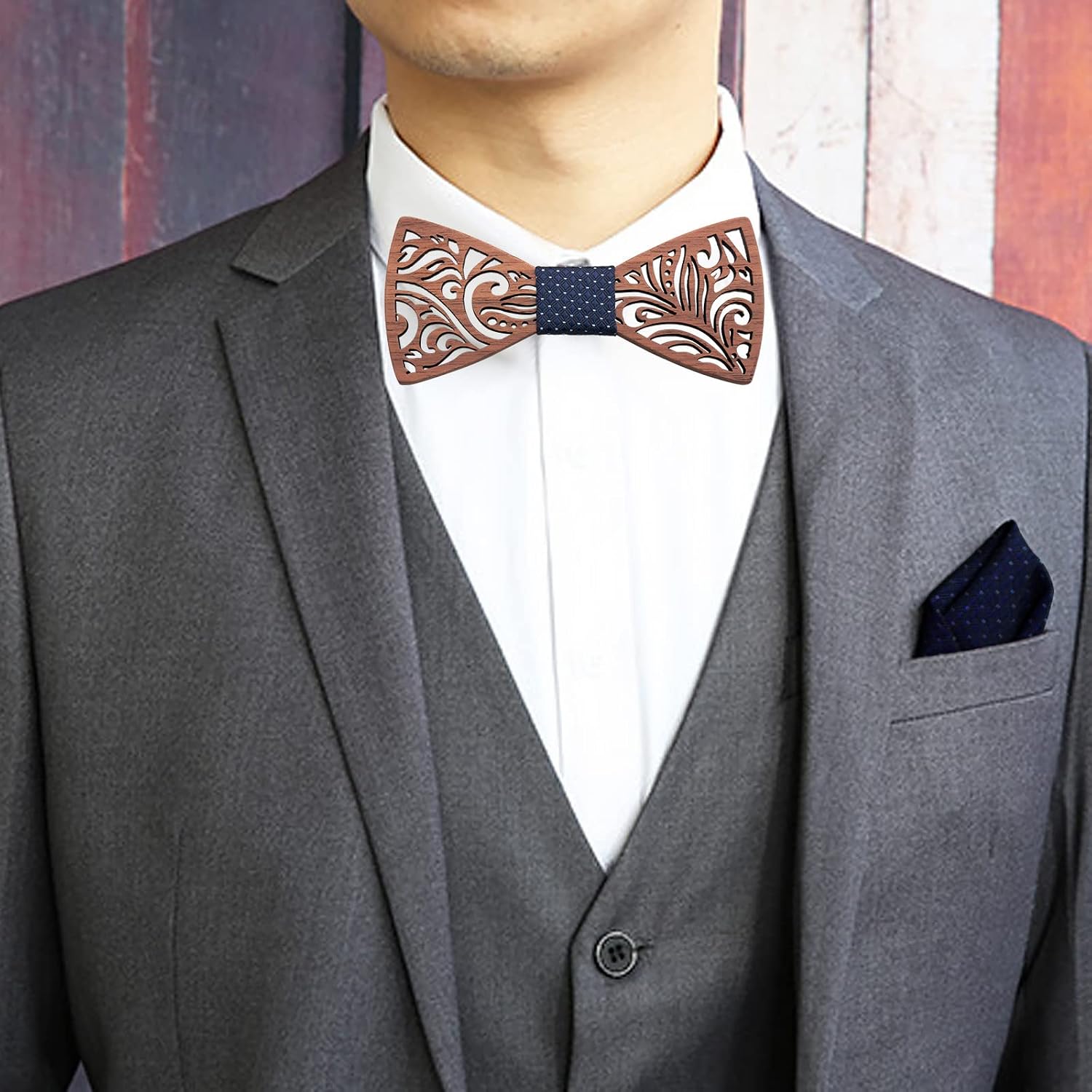Mr.Van Mens Wooden Bow Tie Set, Openwork Carving Design Wood Bow Tie with Cuff links & Pocket Square