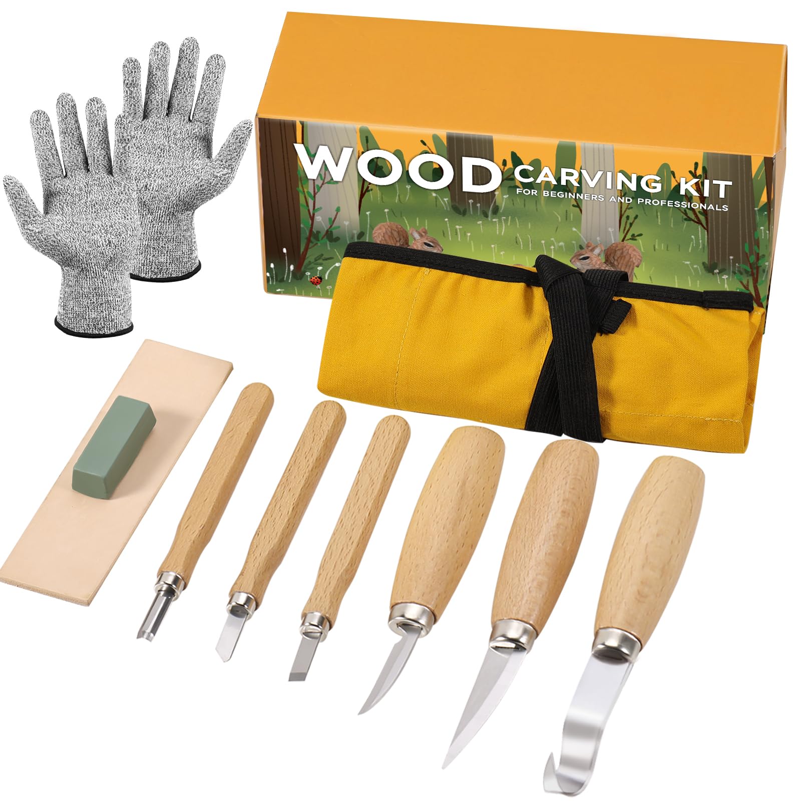 10 in 1 Holzschnitzwerkzeuge Set, Schnitzset mit 6 Schnitzmessern für Holz, Holz Schnitzen Set mit Handschuhe, Rolltasche, Spitzer, Schnitzwerkzeug Set für Anfänger,Erwachsene, Kinder