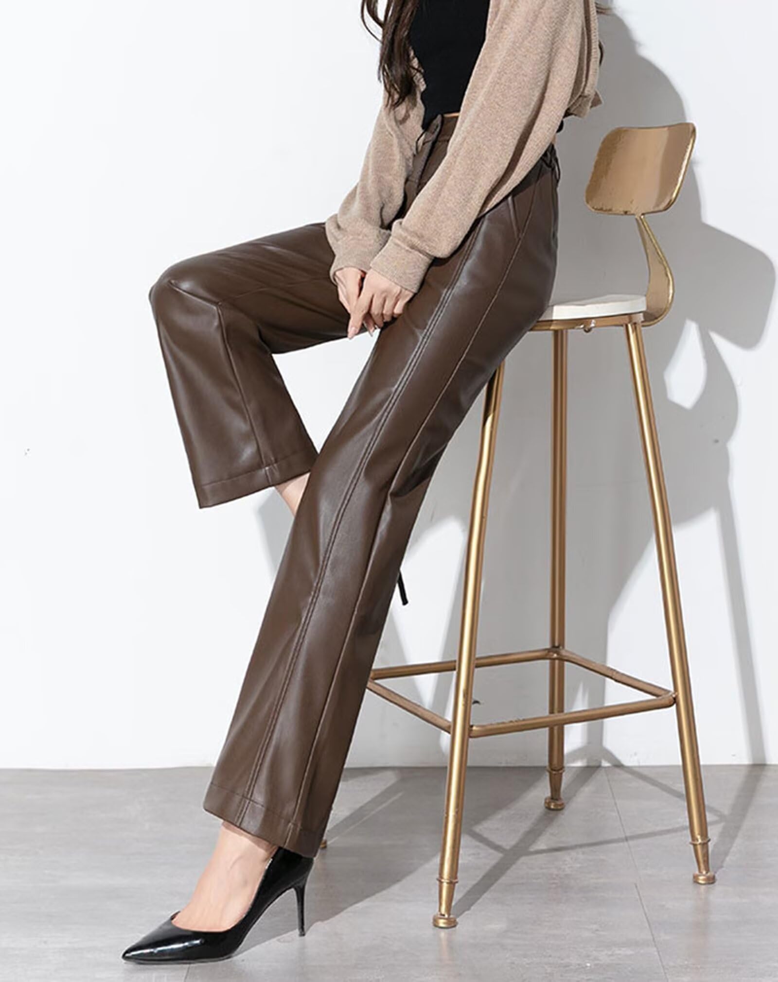 HNVAVQ Pantalón Mujer Cuero Cintura Alta Pantalón Pierna Recta Elegante Oficina