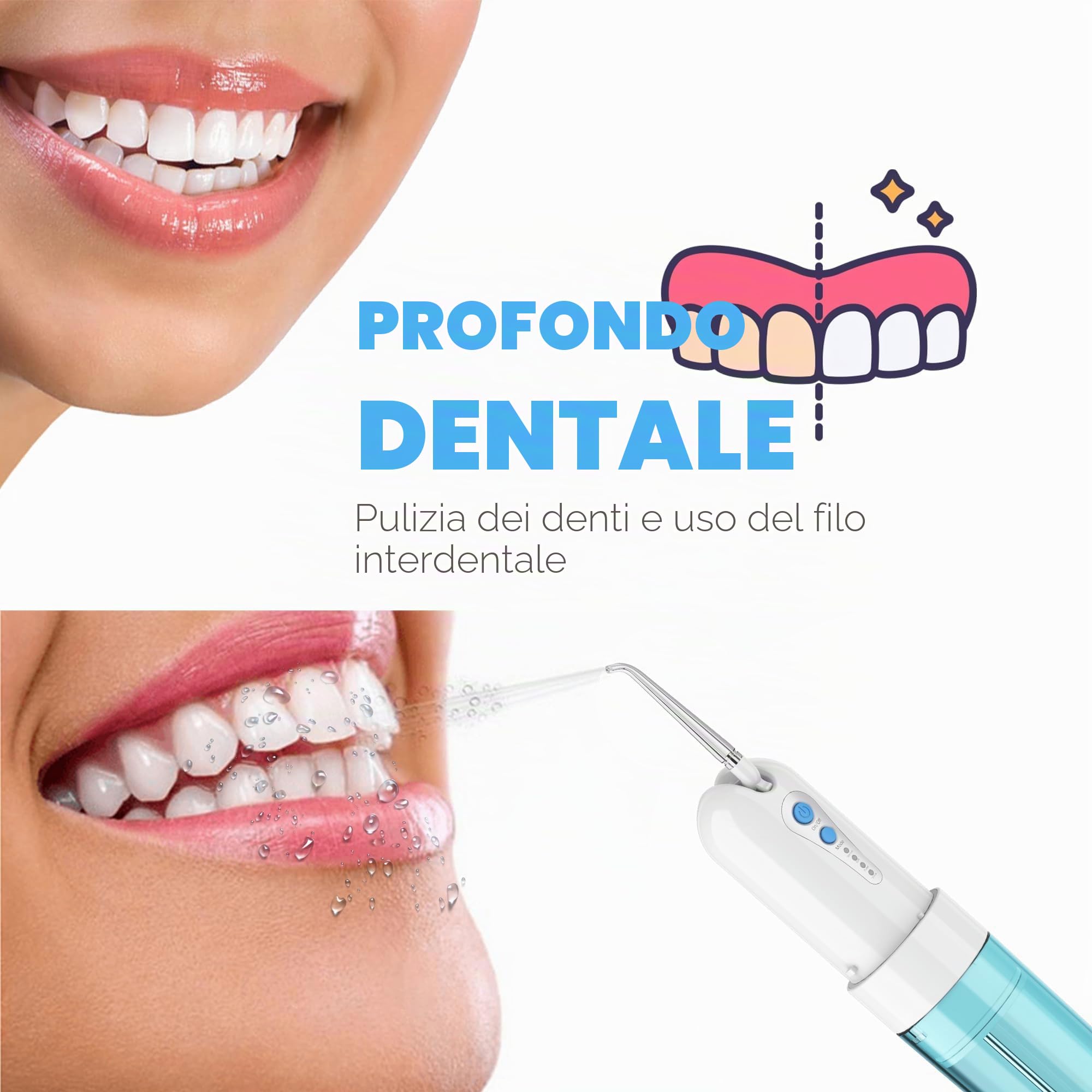 GEEDIAR Irrigatore Orale Portatile Senza Fili - Ricaricabile USB, 4 Modalità e 5 Gettoni, Impermeabile IPX7, per Pulizia Profonda tra i Denti, Ideale per Casa e Viaggio, Blu