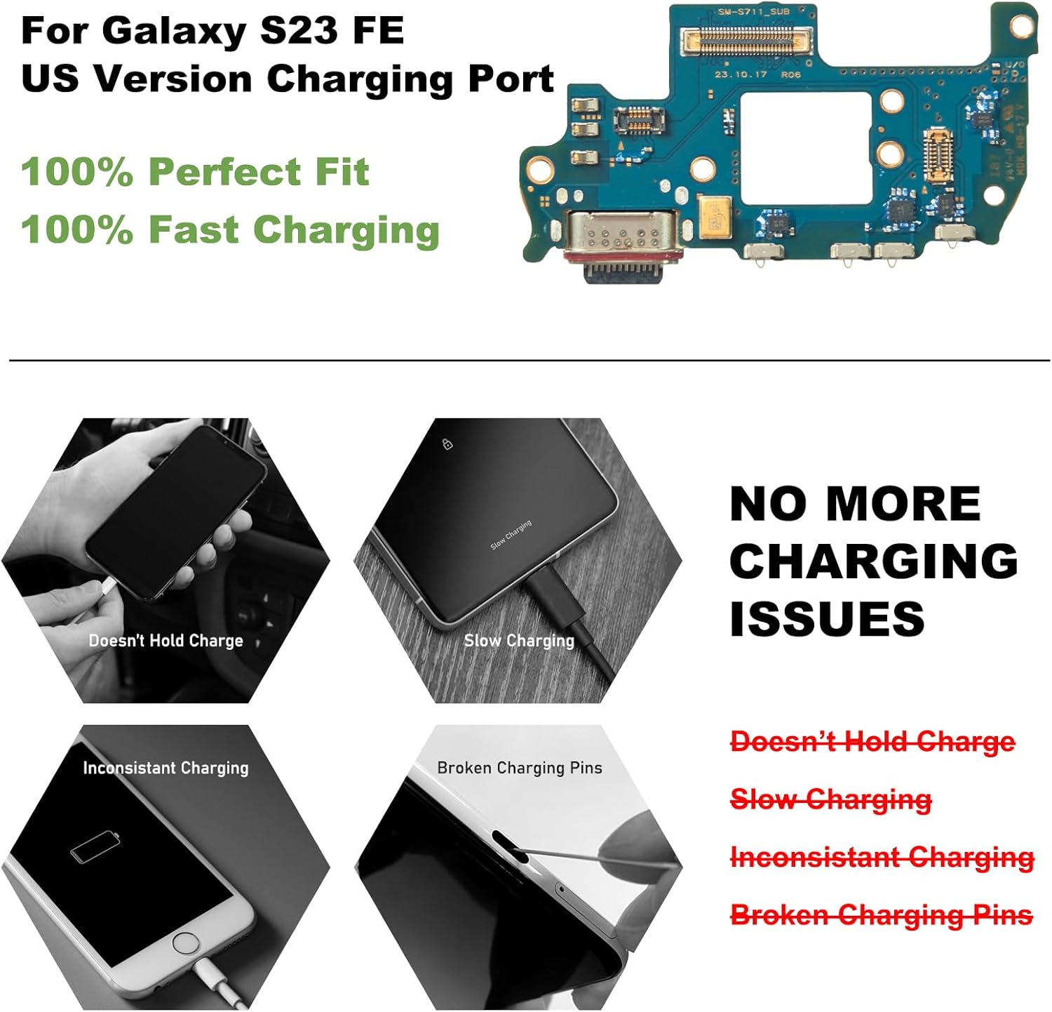 for Galaxy S23 FE USB Charging Board Port Replacement, SM-S711U SM-S711U1 Type C Dock Board Connector for Samsung S23 FE with Tools & Instruction