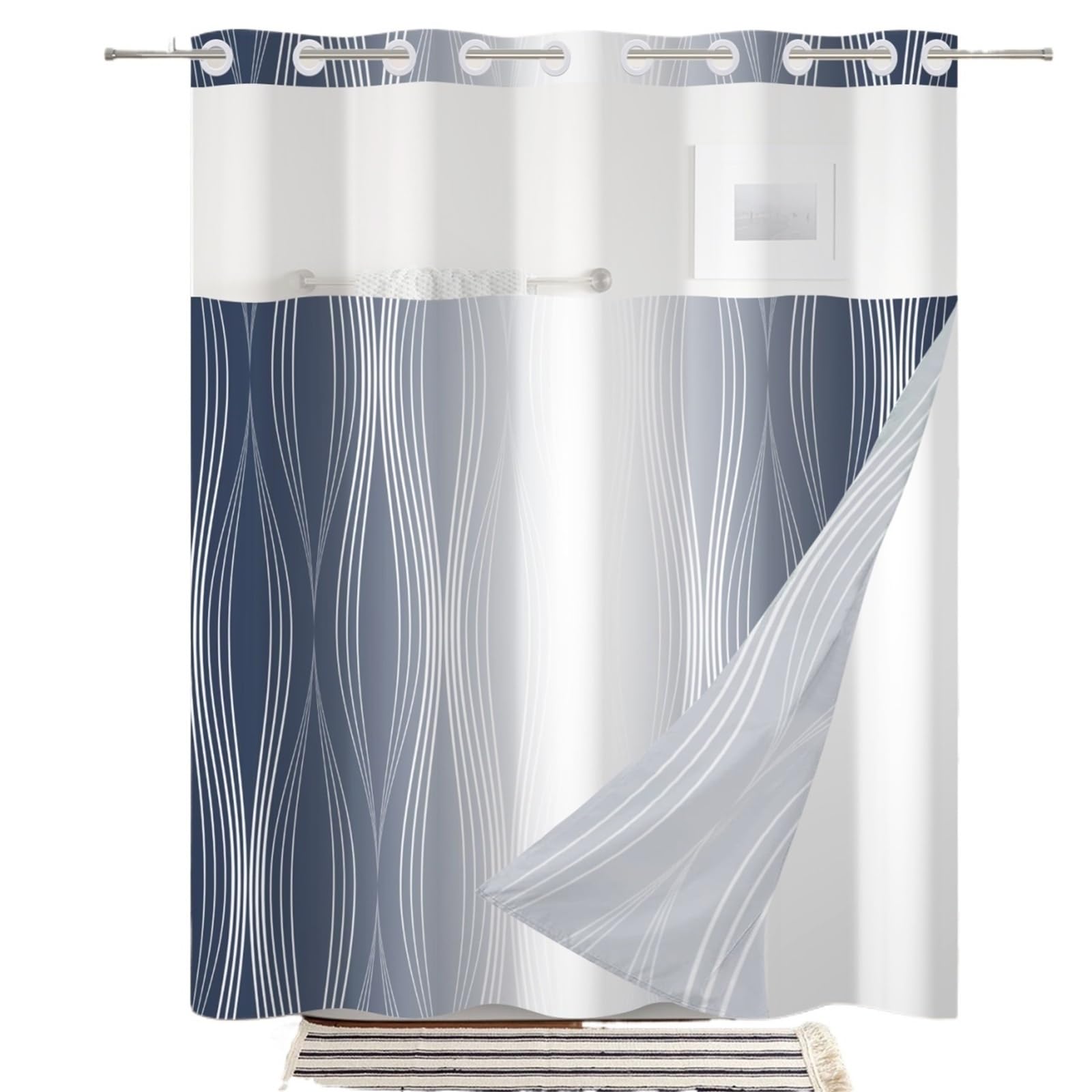 MZSKLW Shower Curtain Solid Color Gradient Shower Curtain Striped Hookless Double Layer With Snap In Removable Liner For Bathroom Bathtubs