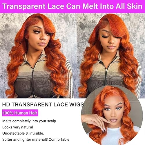 Miniatura 5 de Yeeaak 13x6 Ginger Lace Front Wigs Human Hair Ginger Orange Body Wave HD Transparent Lace Frontal Wigs for Women Pre Plucked with Baby Hair 180%