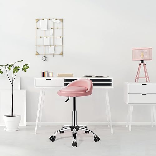 Miniatura 7 de Yaheetech Taburete giratorio de altura ajustable con ruedas de respaldo para tatuajes, masajes faciales, spa, manicura, clínica, dentista, color rosa