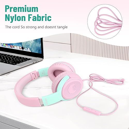 Miniatura 7 de rockpapa Share 1 Auriculares para niños con cable con micrófono y puerto compartido, 85dB94dB volumen limitado, lindo plegable estudiantes niños