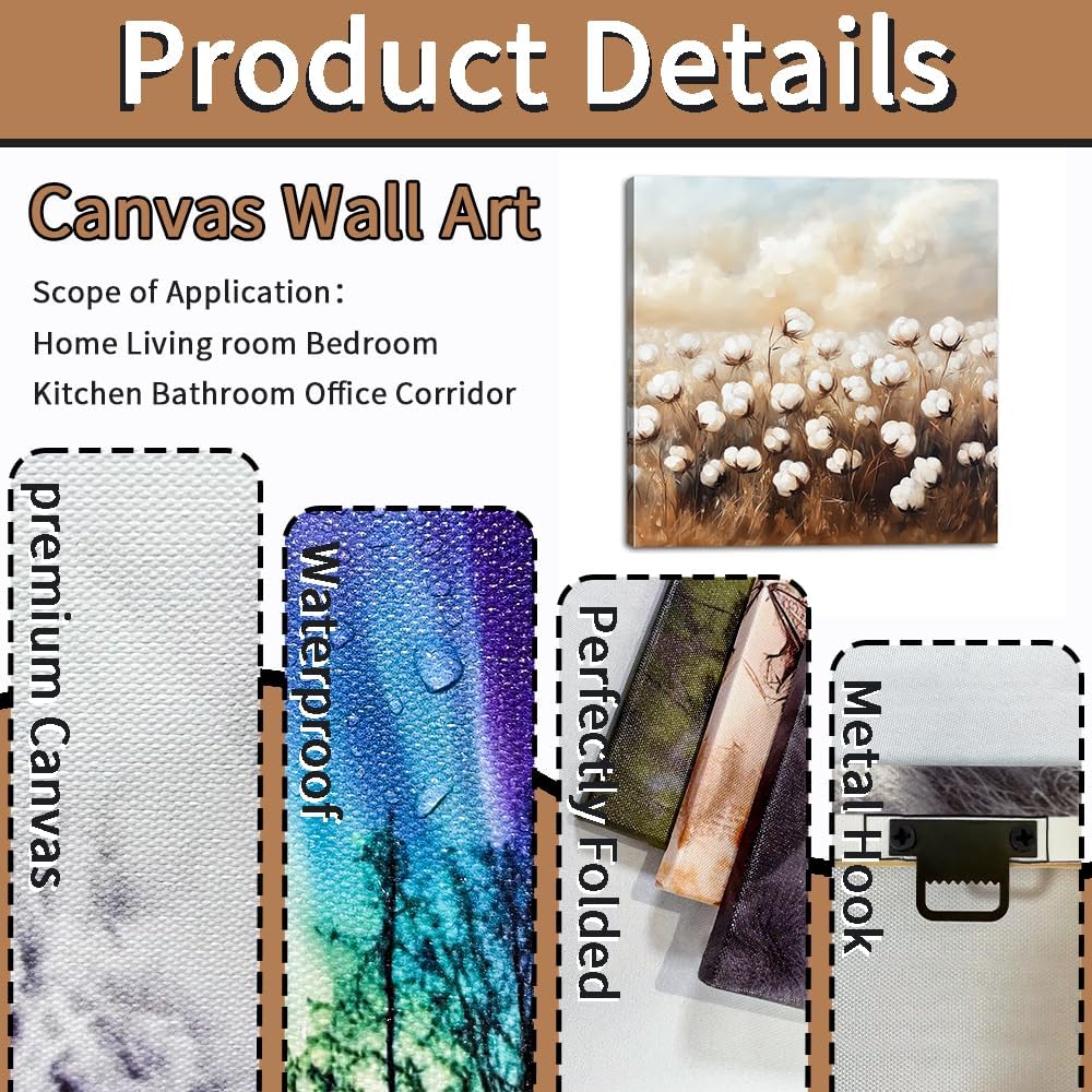 Rustic Farmhouse Wall Art Cotton Flower Canvas Prints Country Floral Pictures Wall Decor Botanical Paintings for Living Room Bedroom Kitchen Bathroom Decor Framed(Farm-1,12L x 12W)