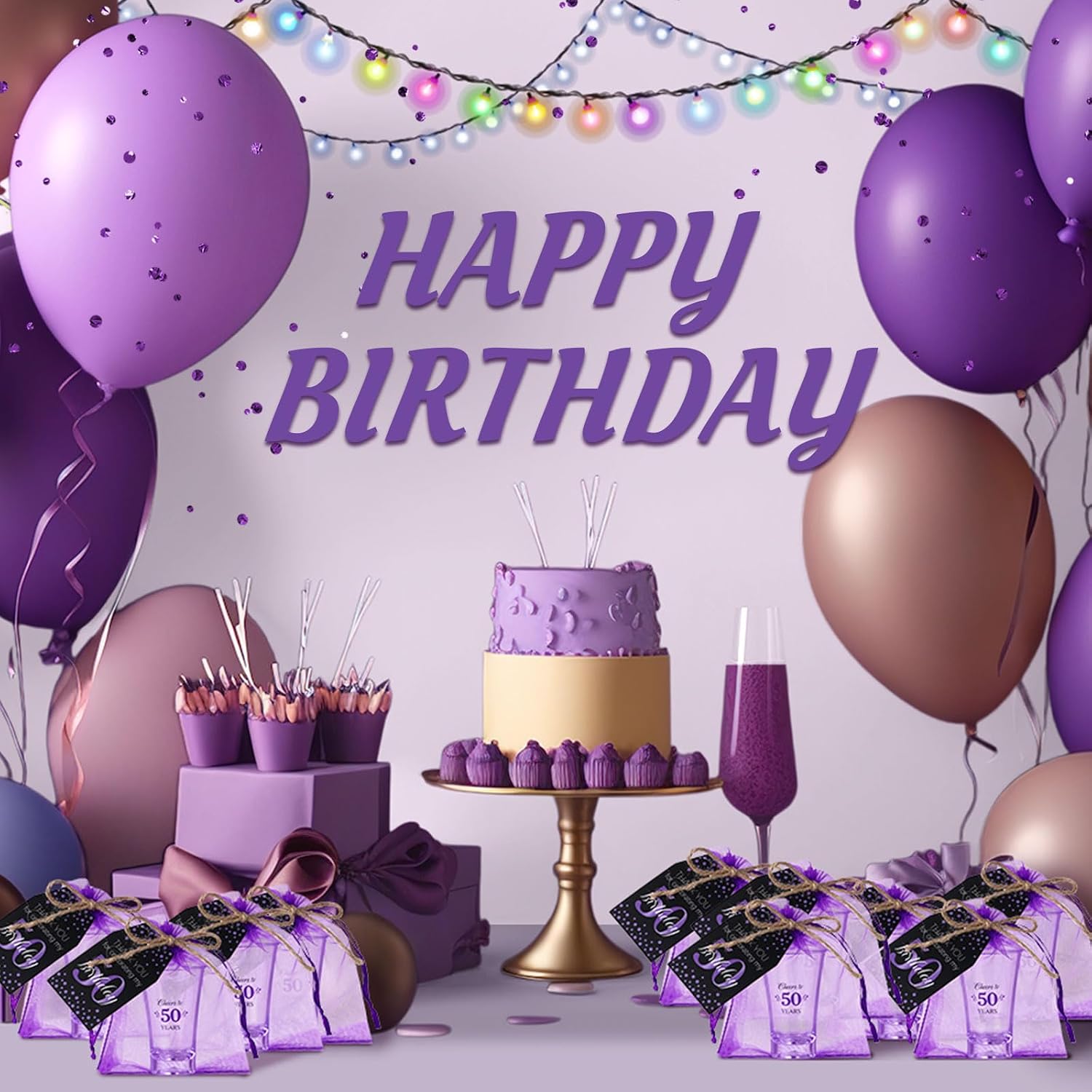 Pickmesh 50 Sets Black Purple Birthday Party Favors for Guests Souvenir Multicolor 50 Years Old Gift Bulk Acrylic Clear 1.2oz Shot Glasses with Thank You Cards and Gift Bags, 40/50/60/70th Birthday