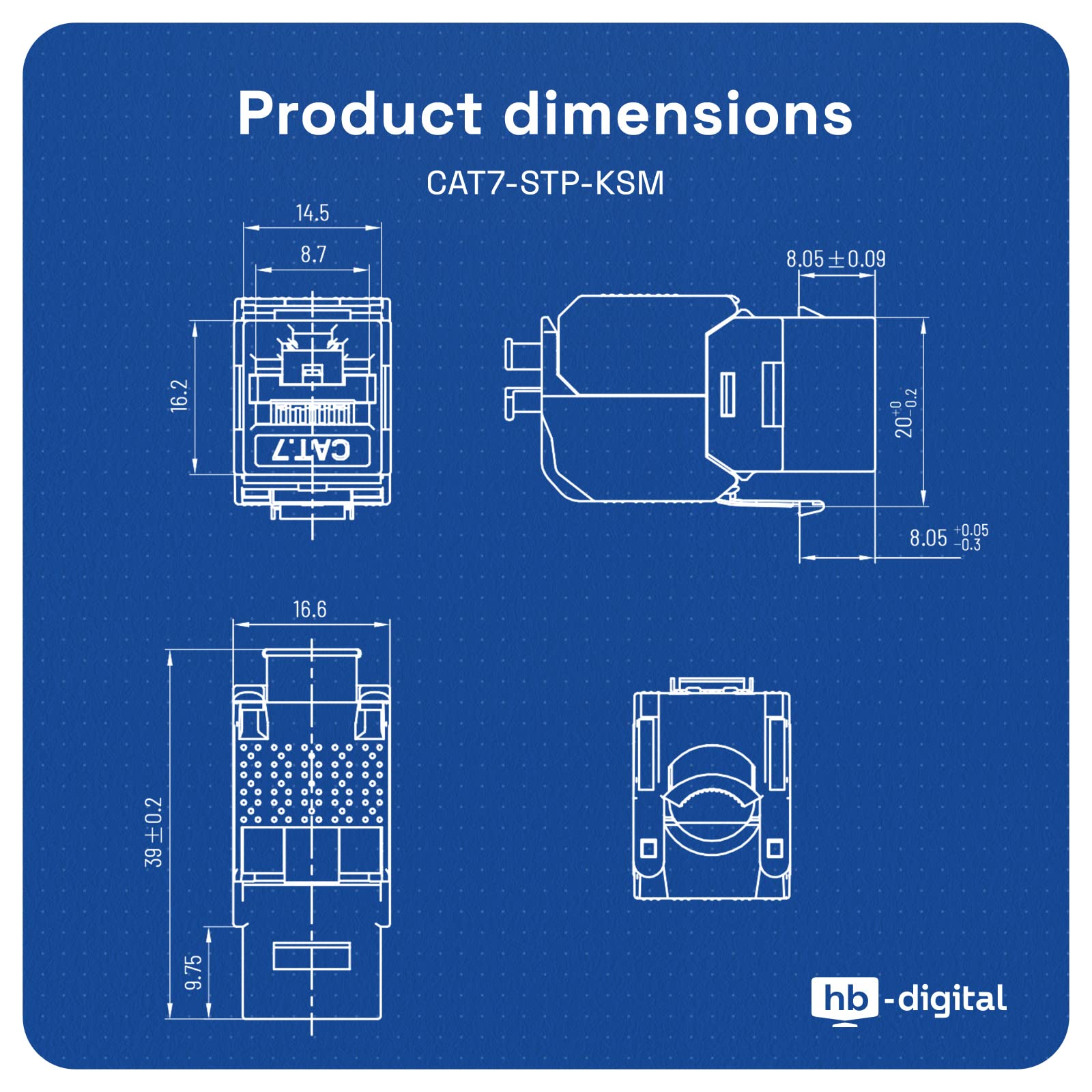 hb-digital Juego de 16 módulos Keystone CAT.7 RJ45 + 8 adaptadores de riel de metal Keystone para riel de sombrero, 35 mm estándar, conector RJ45 apantallado, acero inoxidable, montaje LSA Ethernet