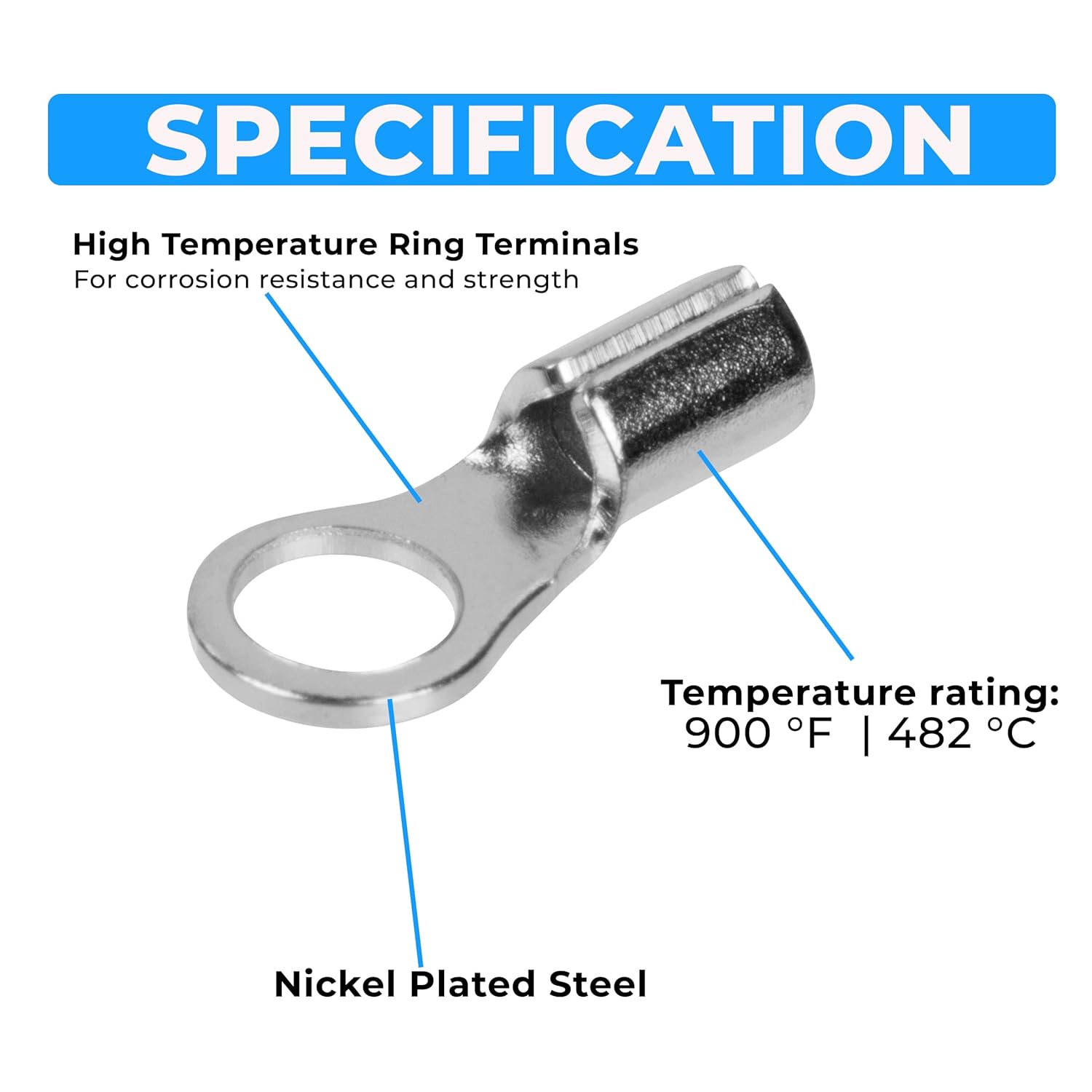 OHLECTRIC High-Temperature Ring Terminals (100 Pack) - 12-10 AWG Wire Size & #3/8 Stud Size - Nickel Plated Steel Wire Terminals for Electric Heater to Commercial Oven