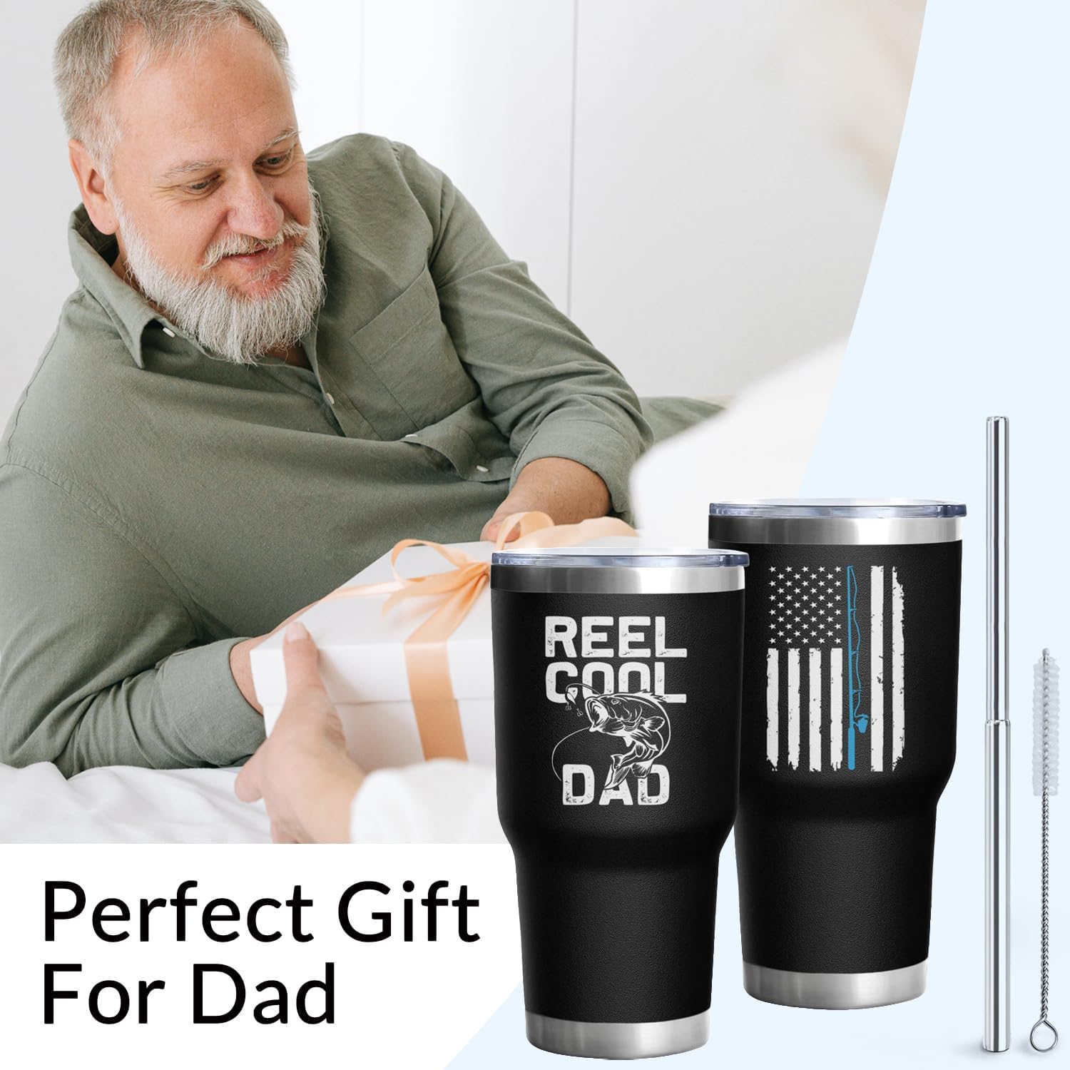 Fishing Gifts for Dad Men 30 oz REEL COOL DAD Tumbler Cups with Fish American Flag Design Father's Day Christmas Fishing Gifts for Dad Grandpa Stainless Steel Insulated Water Bottle With Lid - Image 2