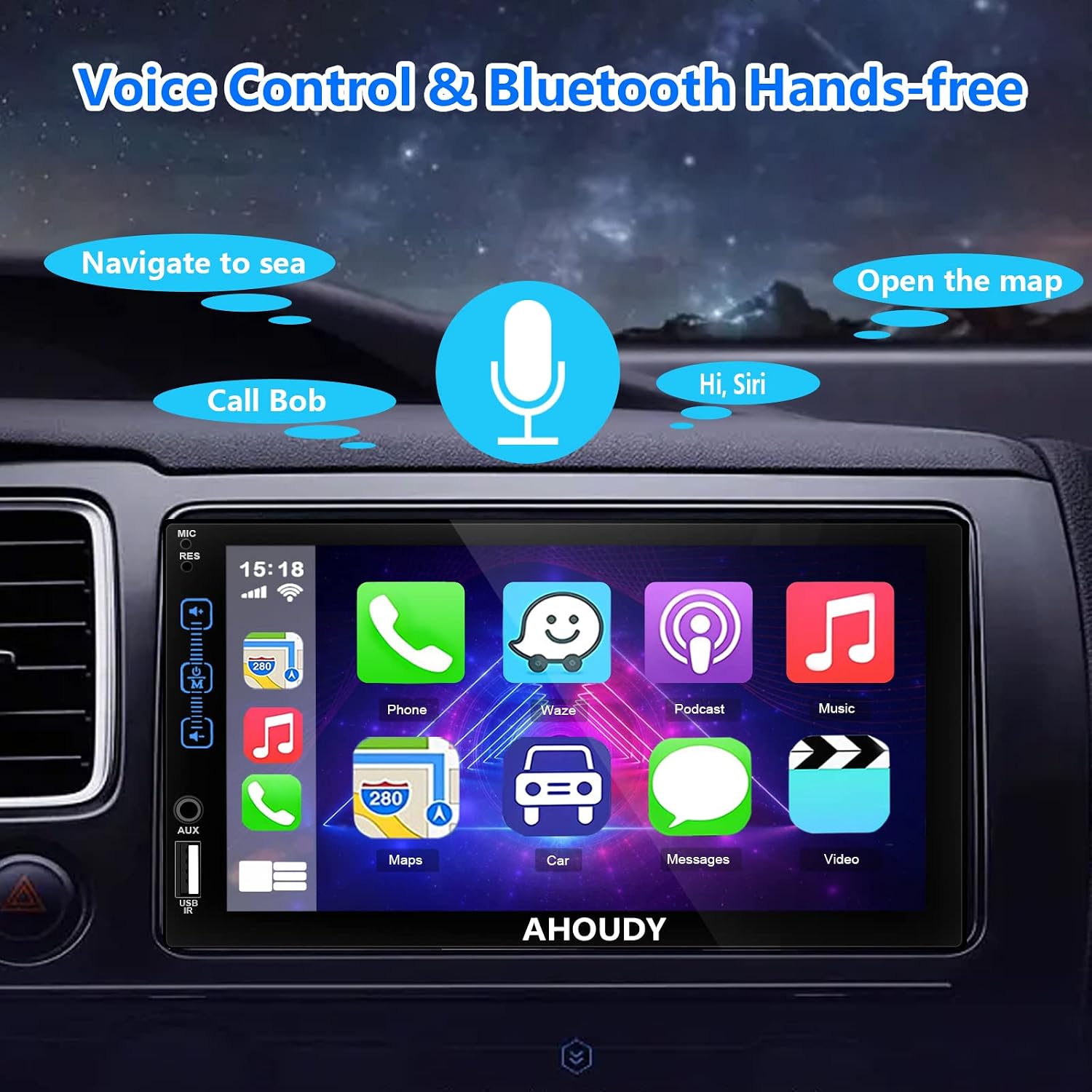Double Din Car Stereo with Voice Control CarPlay and Android Auto, 7 Inch HD Touchscreen Monitor, FM/AM Car Radio with Bluetooth, Backup Camera, Mirror Link,USB/SD Port,A/V Input