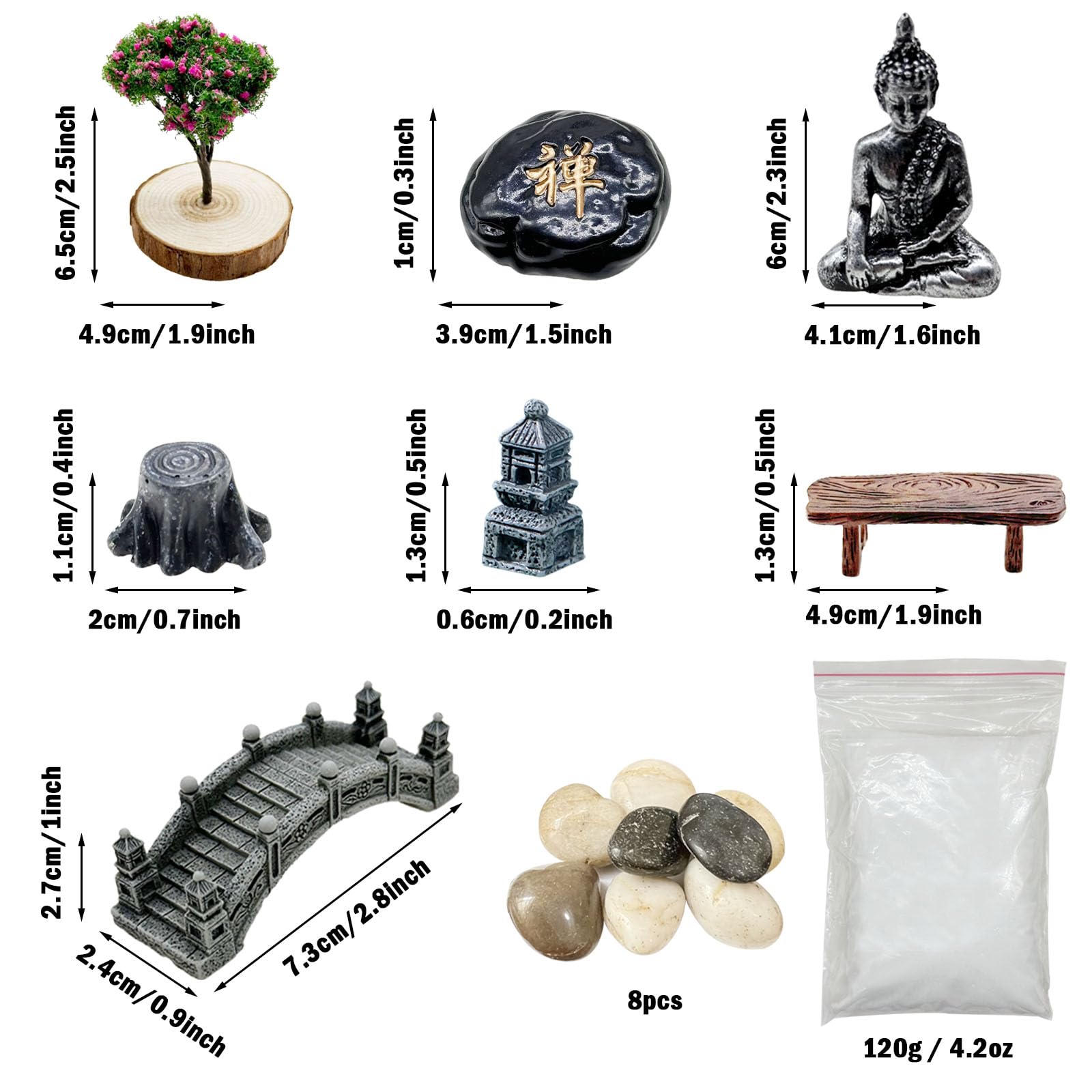 Woohome 20 szt. Mini Zen Sand Garden Kit, Mini Garden Kit z tacą, Zen Style Garden Ornament for Home Office Home Decoration