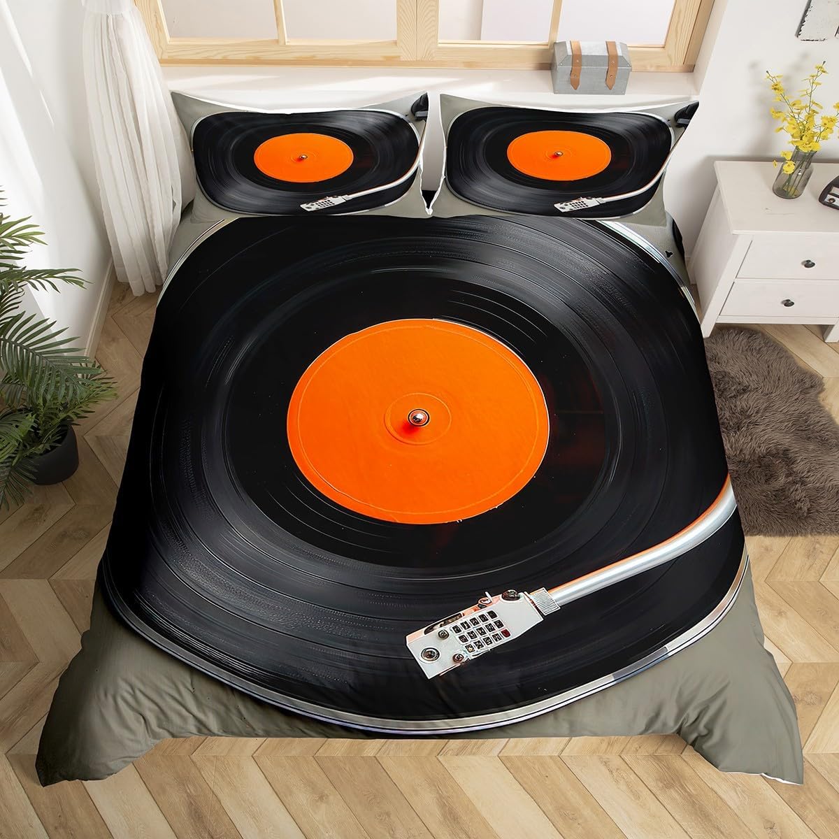 Record Printed Bedding Set Twin Size for Kids Boys Bedroom,Music Theme Bed Duvet Cover Set,Modern Style Comforter Cover Modern Record Decor 2 Pieces 1 Duvet Cover with 1 Pillowcase No Comforter