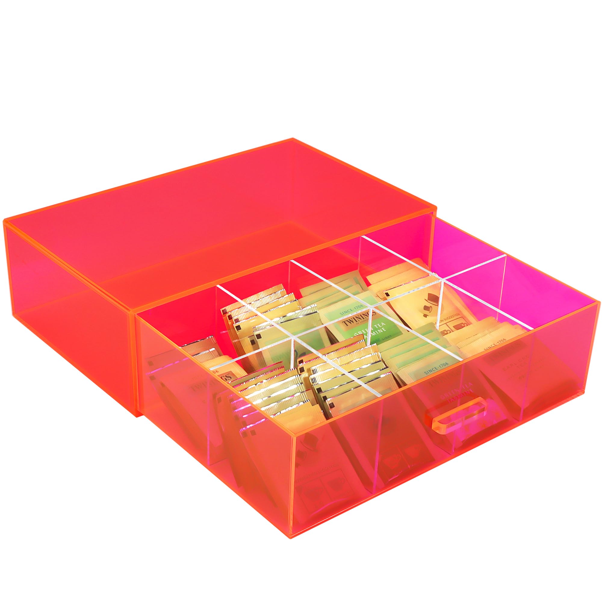HappyDino Acrylic Tea Bag Organizer and Storage Box Stackable Tea Bag Holder with Drawer for Countertop, Neon Pink