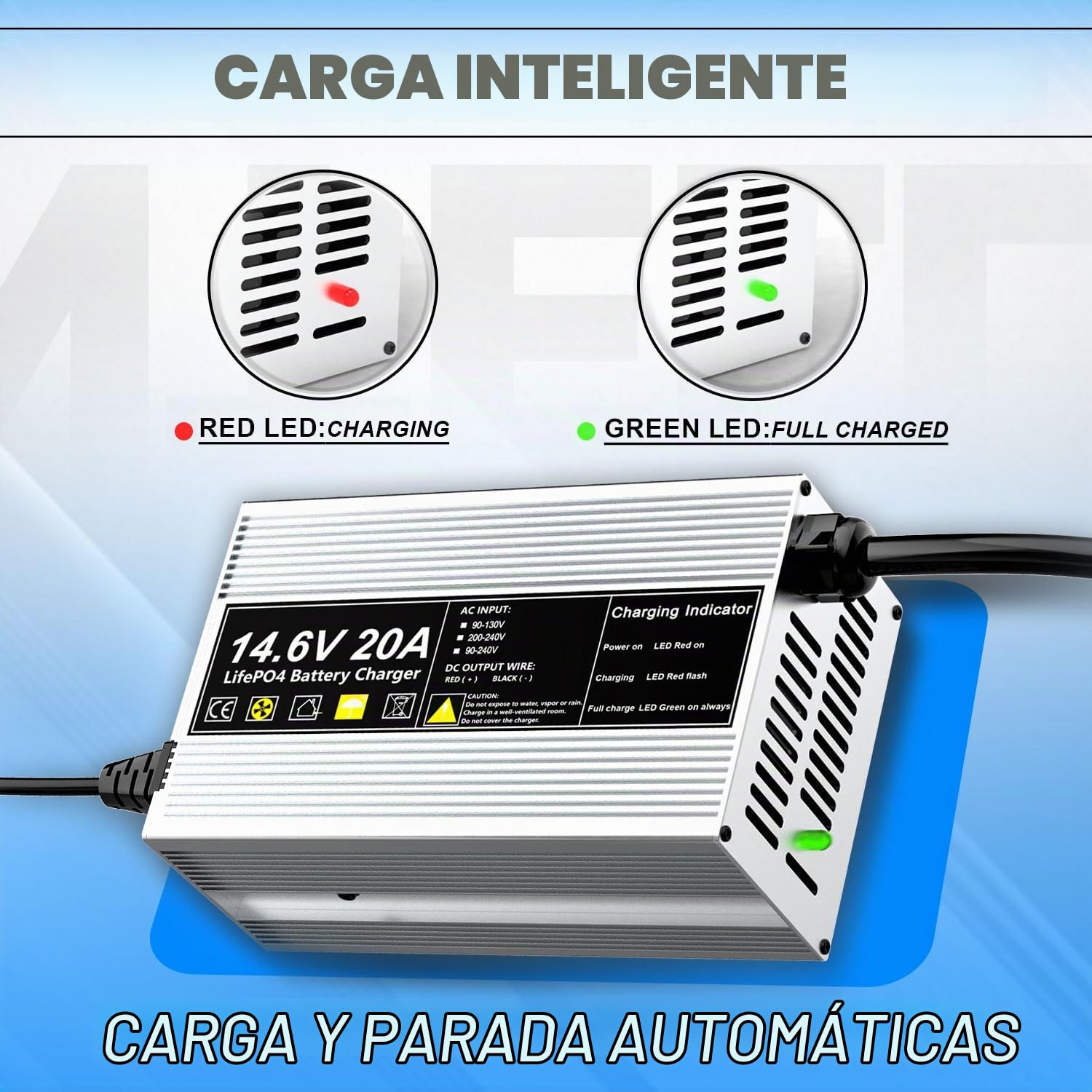 14,6V 20A Cargador de batería LiFePO4 para baterías Recargables de Ciclo Profundo de fosfato de Hierro y Litio de 12V (12,8V)