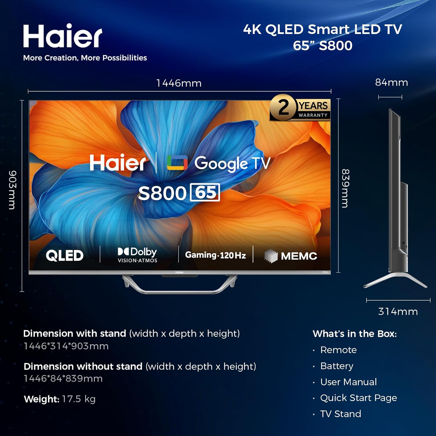 Haier 65 Inch QLED 4K UHD Smart Google TV | Dolby Vision & Atm... - view 7