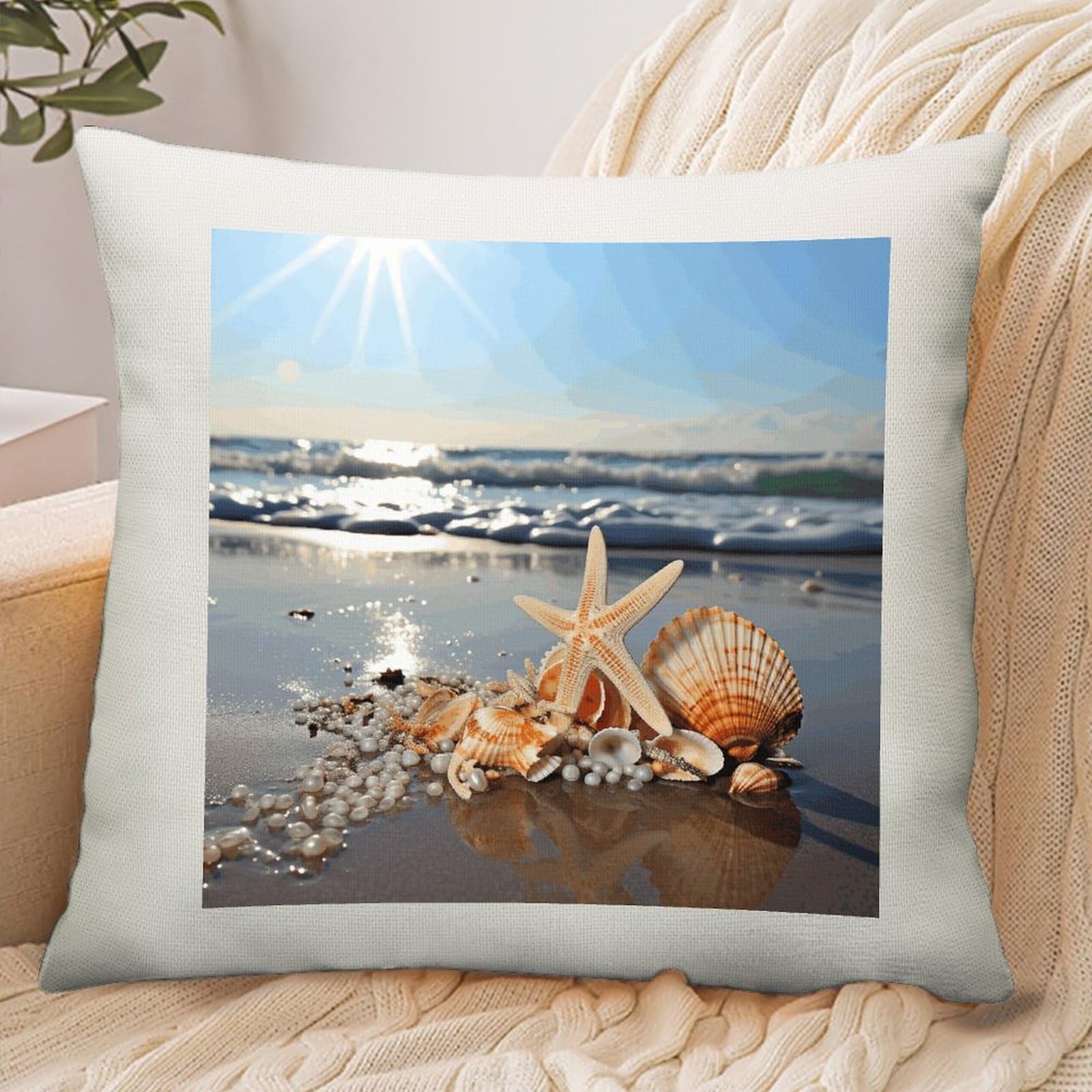 Adfgyerh Style Seashells On The Beach Pillow Cover Breathable,Pillowcases Boho Decorative Envelope Closure,Throw Pillow Covers For Beach,Patio,Balcony,Couch Living Room 18 * 18In
