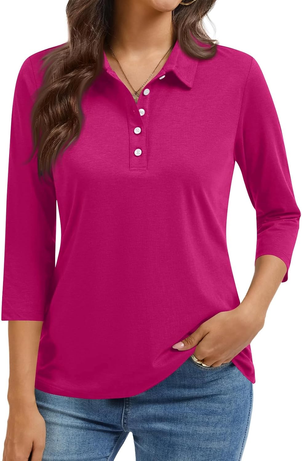 Women Polo Shirt 3/4 Length Sleeve Solid Color Lapel Collar Lightweight Shirts Casual Loose Business Work Blouses