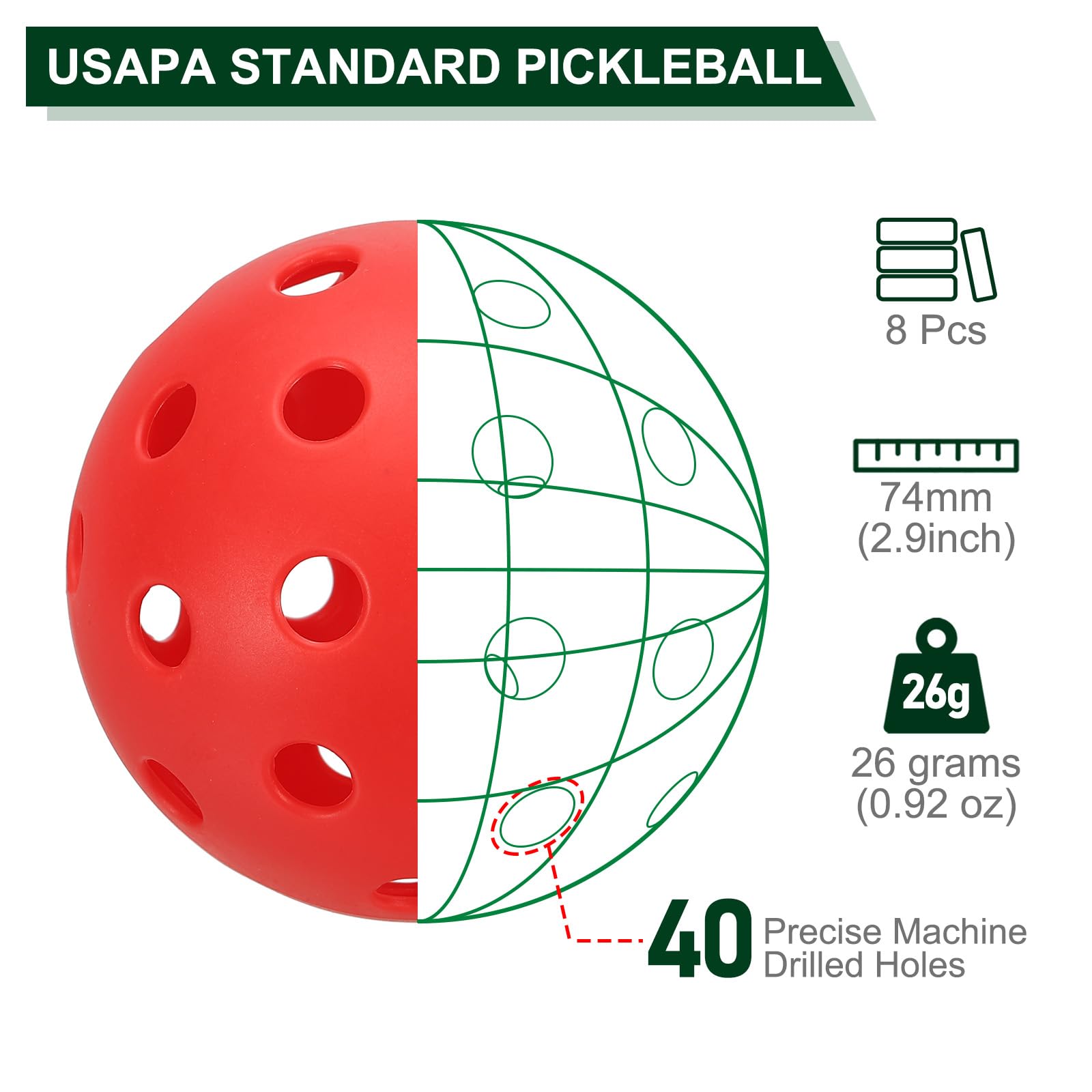 PATIKIL Outdoor Pickleball Balls, 8 Pack, Red, 74mm (2.9inch) Diameter, 26g, 40 Holes, Suitable for Amateurs Indoor/Outdoor Use - Image 2