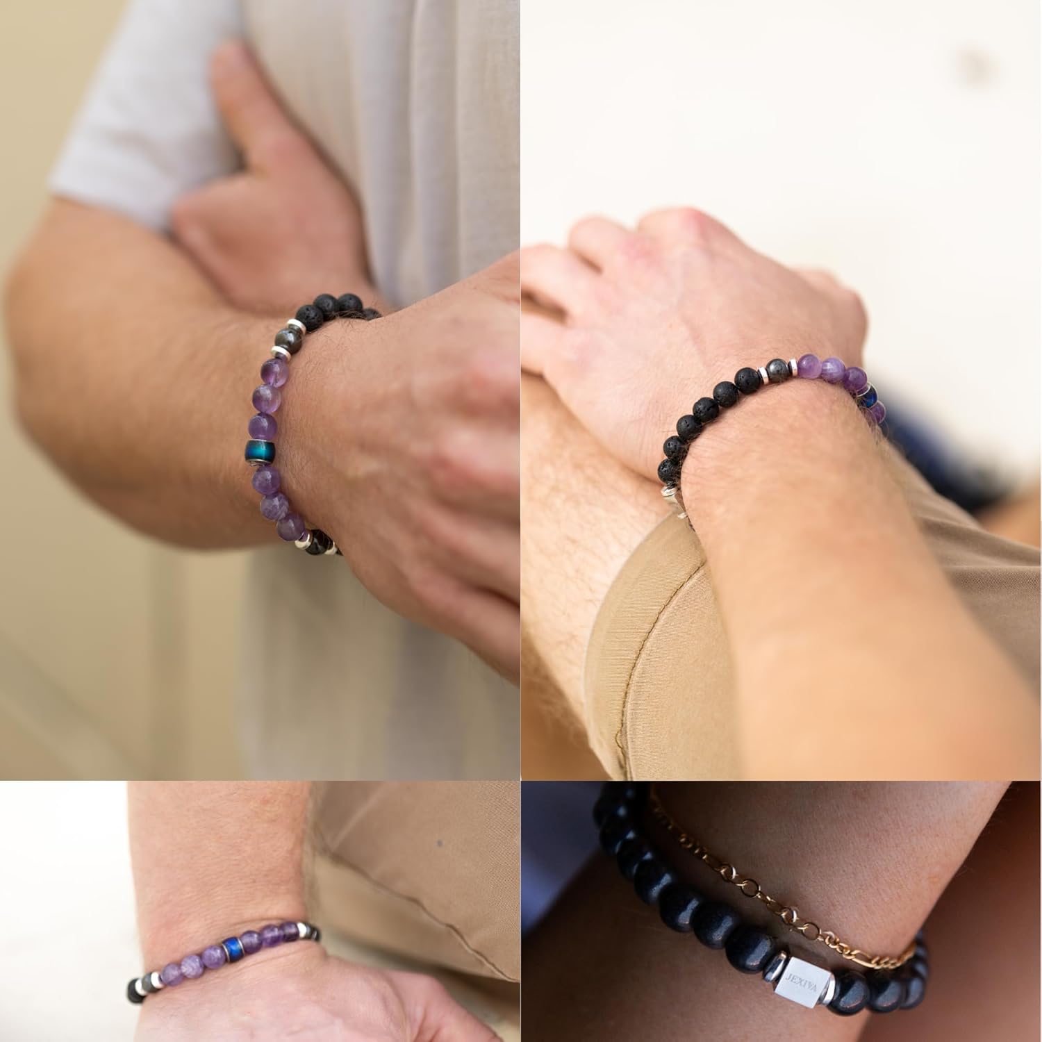 Set of 2 Matching Couples & Friends Bracelets – Hematite, Lava, Picture Stone & Amethyst Bead Stretch Bracelet – Color Changing Mood Bead – 7.5" Unisex Anniversary, Valentine’s Day, Christmas Gift for Him & Her