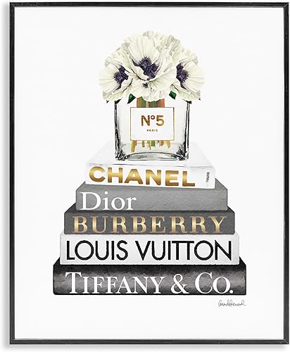 Stupell Industries Blooming White Floral Display on Glam Designer Bookstack Wall Art, 11 x 14, Black Framed