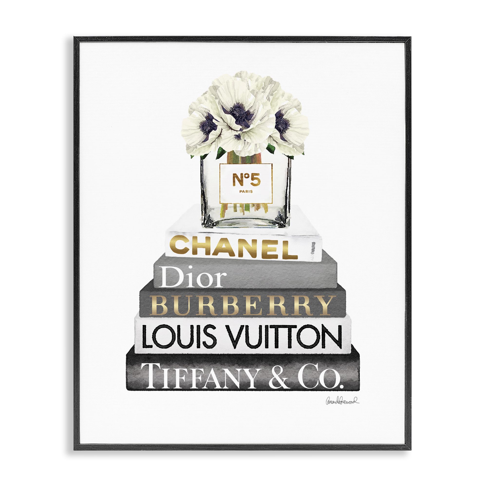 Stupell Industries Blooming White Floral Display on Glam Designer Bookstack Wall Art, 11 x 14, Black Framed