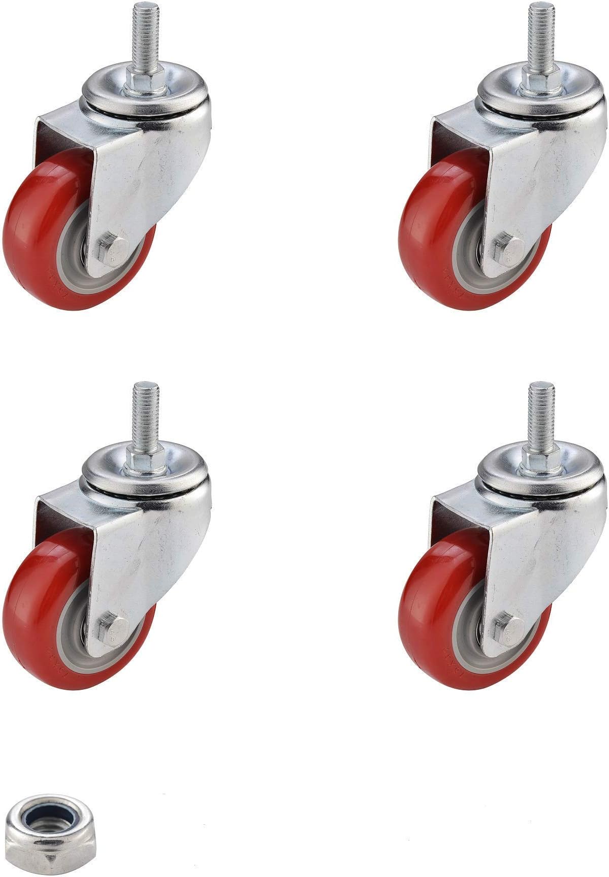 SungMi 4 Pack 3" Heavy Duty Caster Wheels Polyurethane PU Swivel Casters with 360 Degree Threaded Stem 800lb Total Capacity for Set of 4 Red (4 without Brakes) Nuts Include SM-AMS-230007