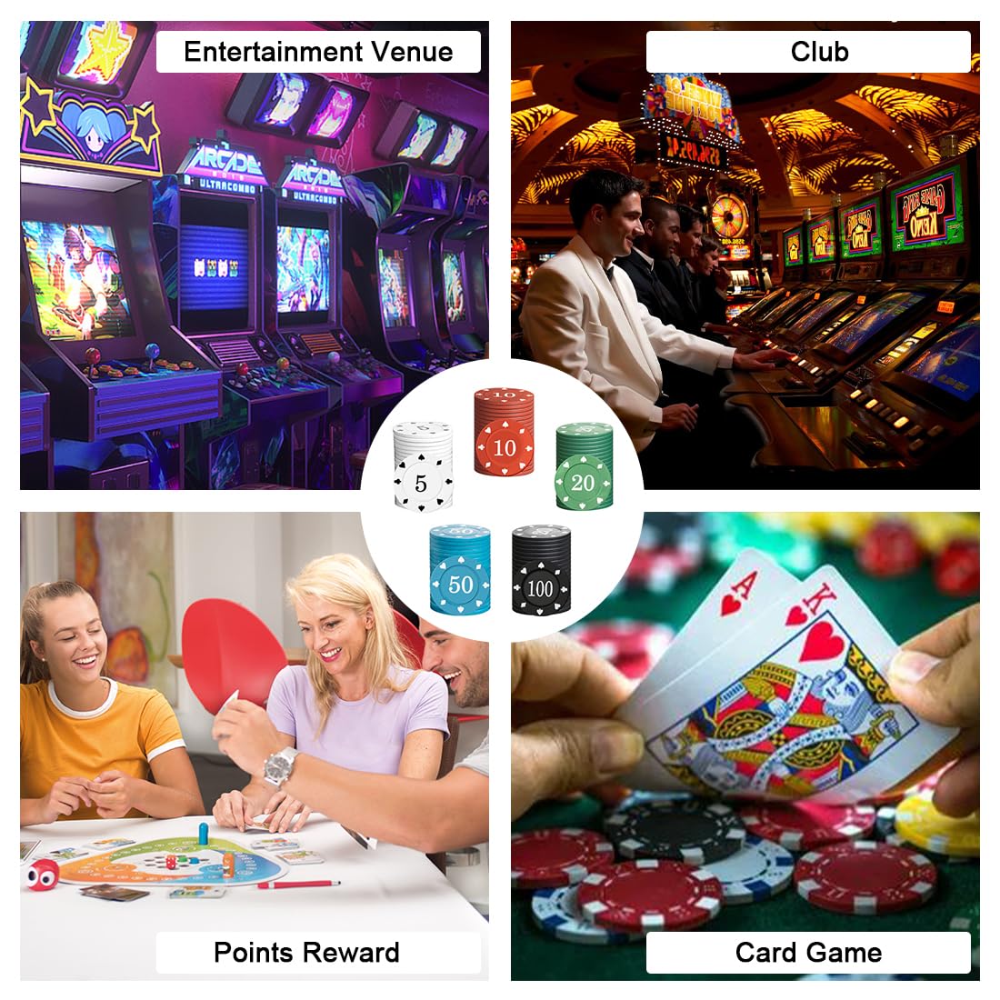 NJCXOLA Chip da Poker in plastica 100 Chip da Poker Set,Chip di Stile del Casinò Stampato denominazione per Le Notti di Gioco in casa del Texas, Notti di Poker