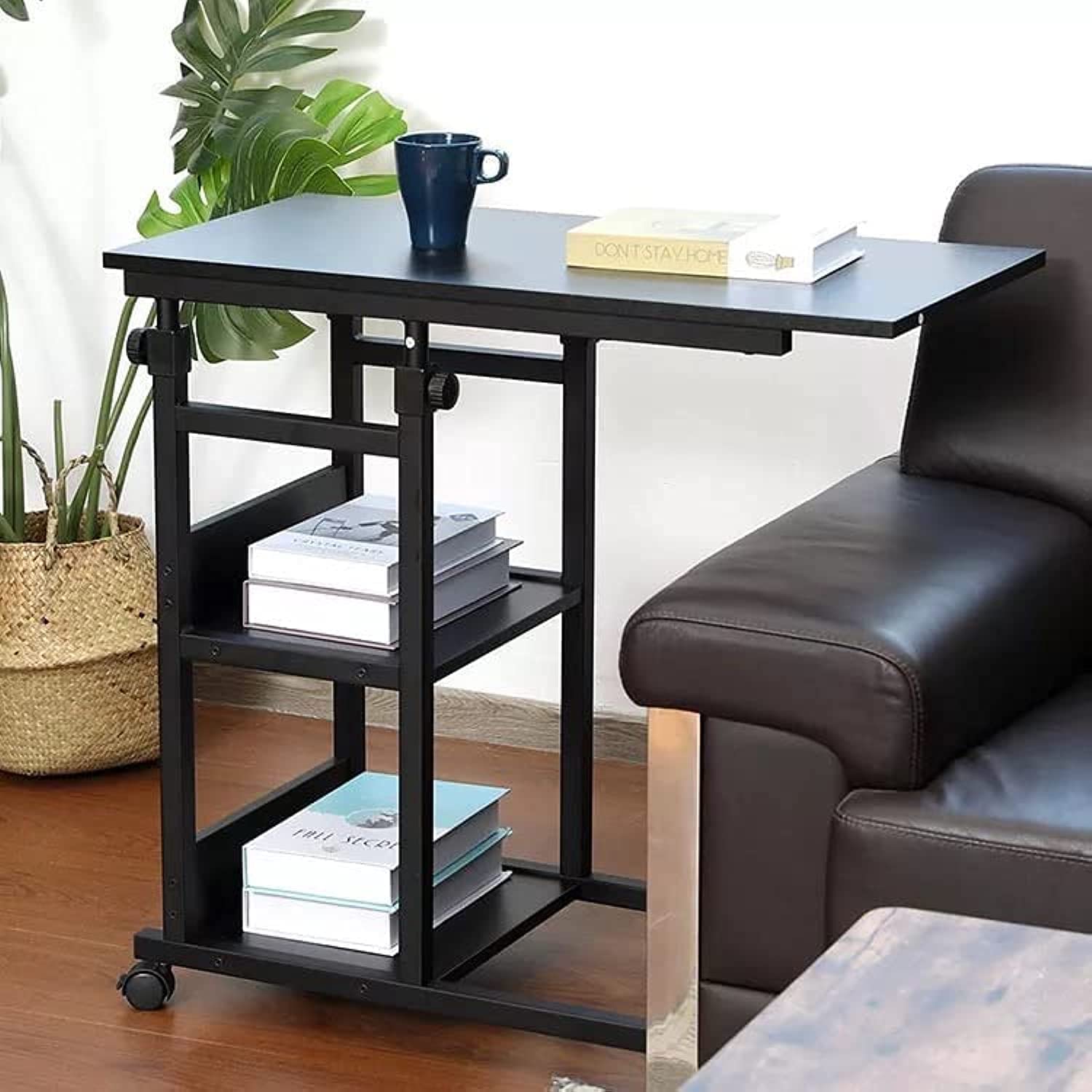 ADVANLUXEThree Tier Height Adjustable C Shaped Side Table Computer Table End Table Coffee Table I With Metal Frame Rolling Casters I For Living Room Bedroom Office and More