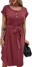 Women's Summer Casual Round Neck Short Sleeve T-Shirt Dress Button Midi Dress