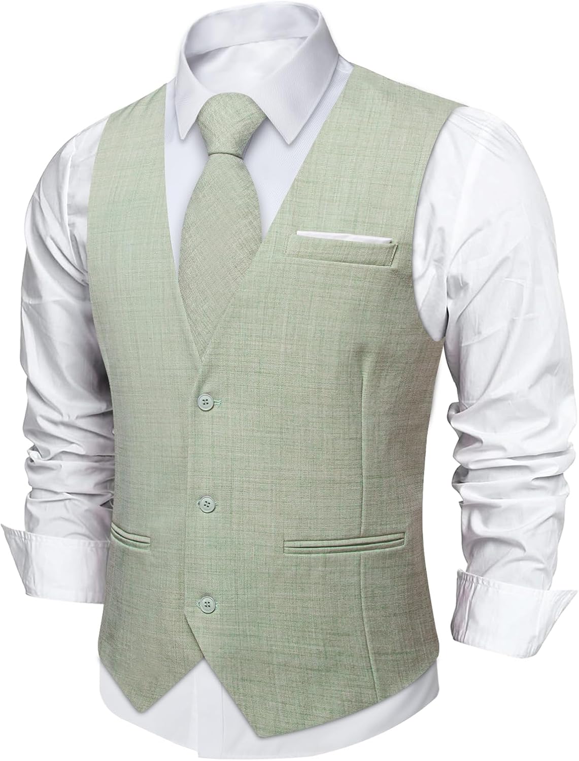 DiBanGu Mens Linen Suit Vest Casual Waistcoat and Necktie & Pre-tied Bowtie Set 6PCS Solid Color Dress Vest for Wedding Party - Image 3