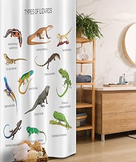 Ambesonne Reptile Stall Shower Curtain, Lizard Family Design on Plain Background Prehistoric Camouflage Exotic Creatures, Fabric Bathroom Decor Set with Hooks, 36" W x 72" L, White Fern Green Brown