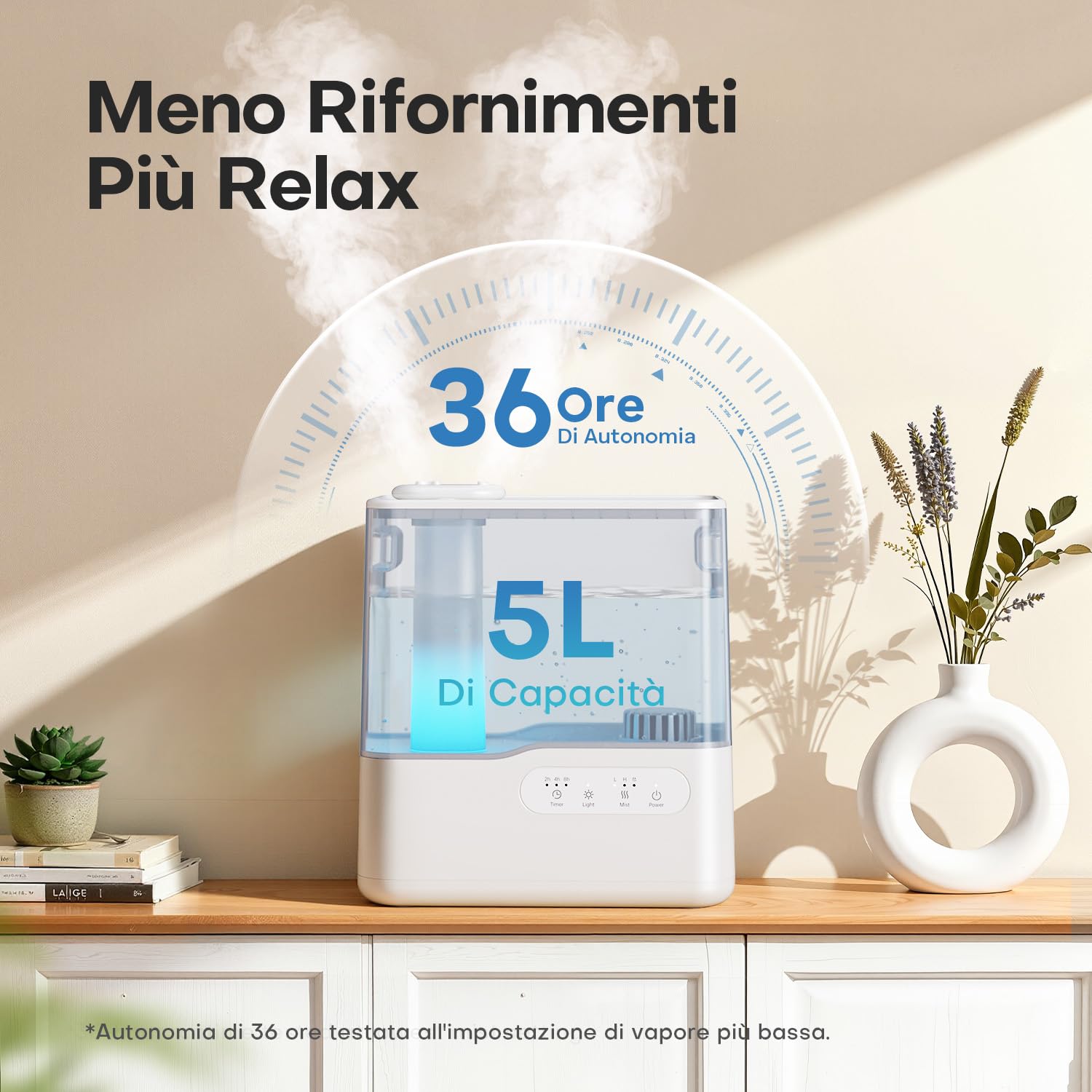 AROEVE Umidificatore Ambiente 5L, Ultrasuoni Nebbia Fredda Top-Fill Umidificatore con Diffusore Aromi, Luci Ambientale, Timer, 36H/25dB Silenzioso Umidificatore per Casa ufficio Bambini Piante