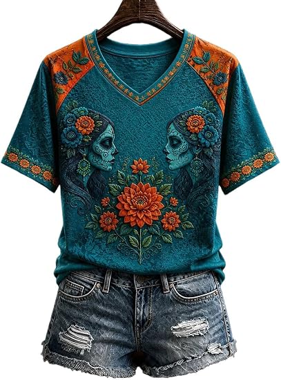Women's Sugar Skull V-Neck T-Shirt, Floral Day of The Dead Graphic Tee 1