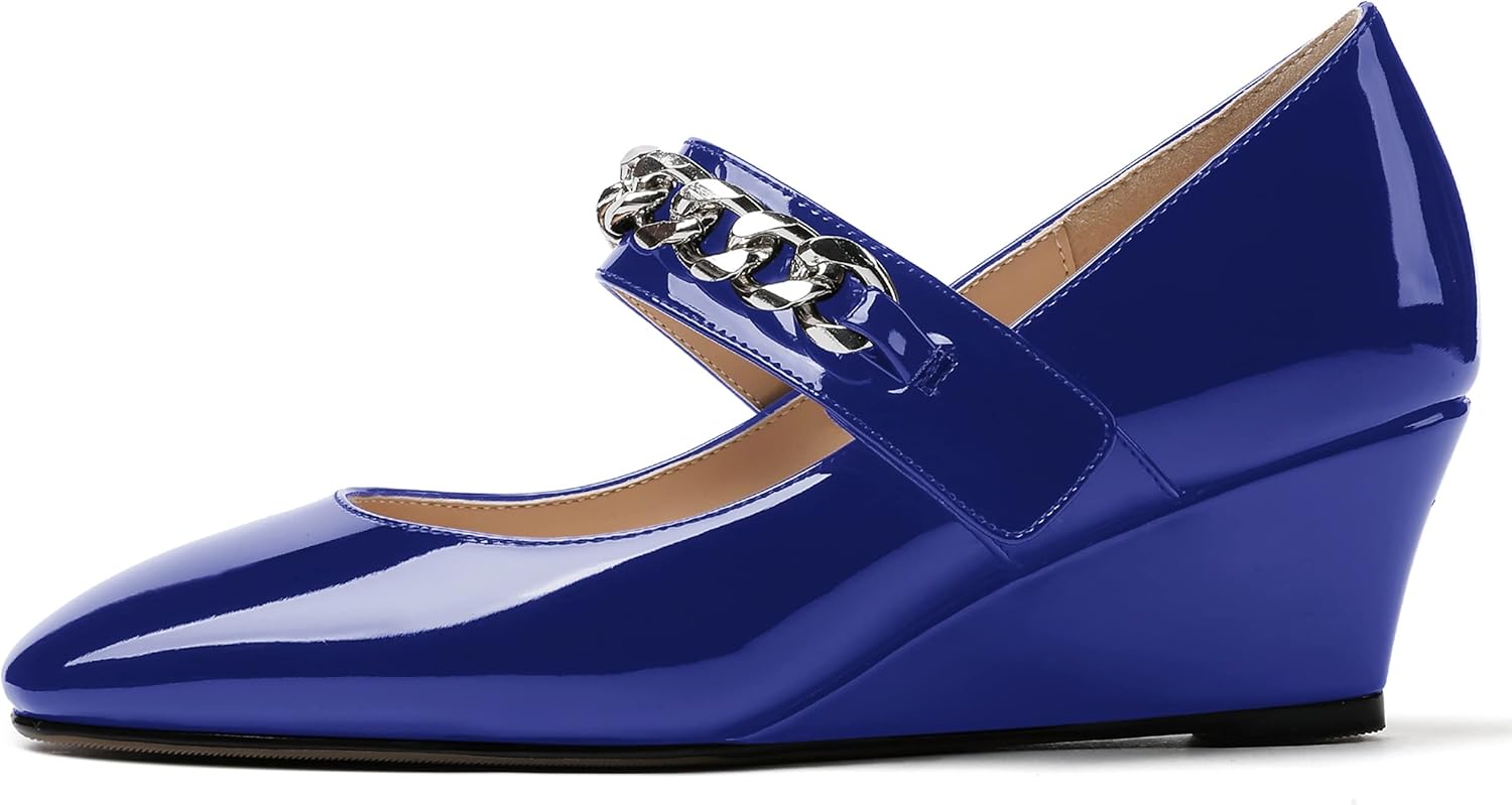 WAYDERNS Women's Slip-on Patent Lace Up Metal Chain Square Toe Mary Jane Wedge Low Heel Pumps Shoes 2 Inch