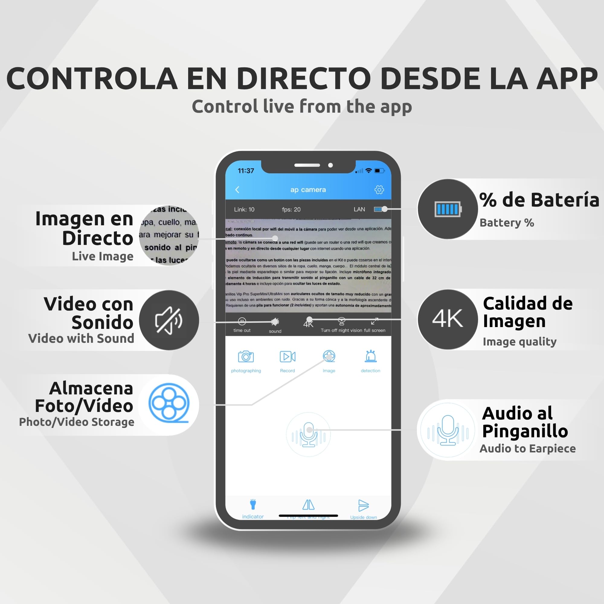 PingaOculto Mini Camara Espia Oculta WiFi con Auricular Inalambrico Invisible para Movil - Lente Camuflada en Boton y Control Remoto (Cámara WiFi Pro Batería Ampliada + Pinganillo VIP Pro Supermini)