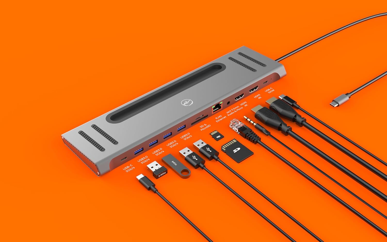 Mobility Lab 12-in-1 USB-C Docking Station with a tablet inserted into its stand slot