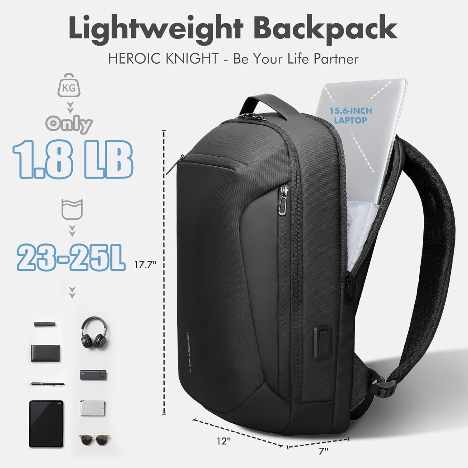 Slim Laptop Backpack for Men Women, 15.6 Inch Business Work Travel Backpack with USB-A & Type-C Charging Port, Anti-Theft Lockable Zipper, Waterproof Lightweight Computer Bag, 25L Black