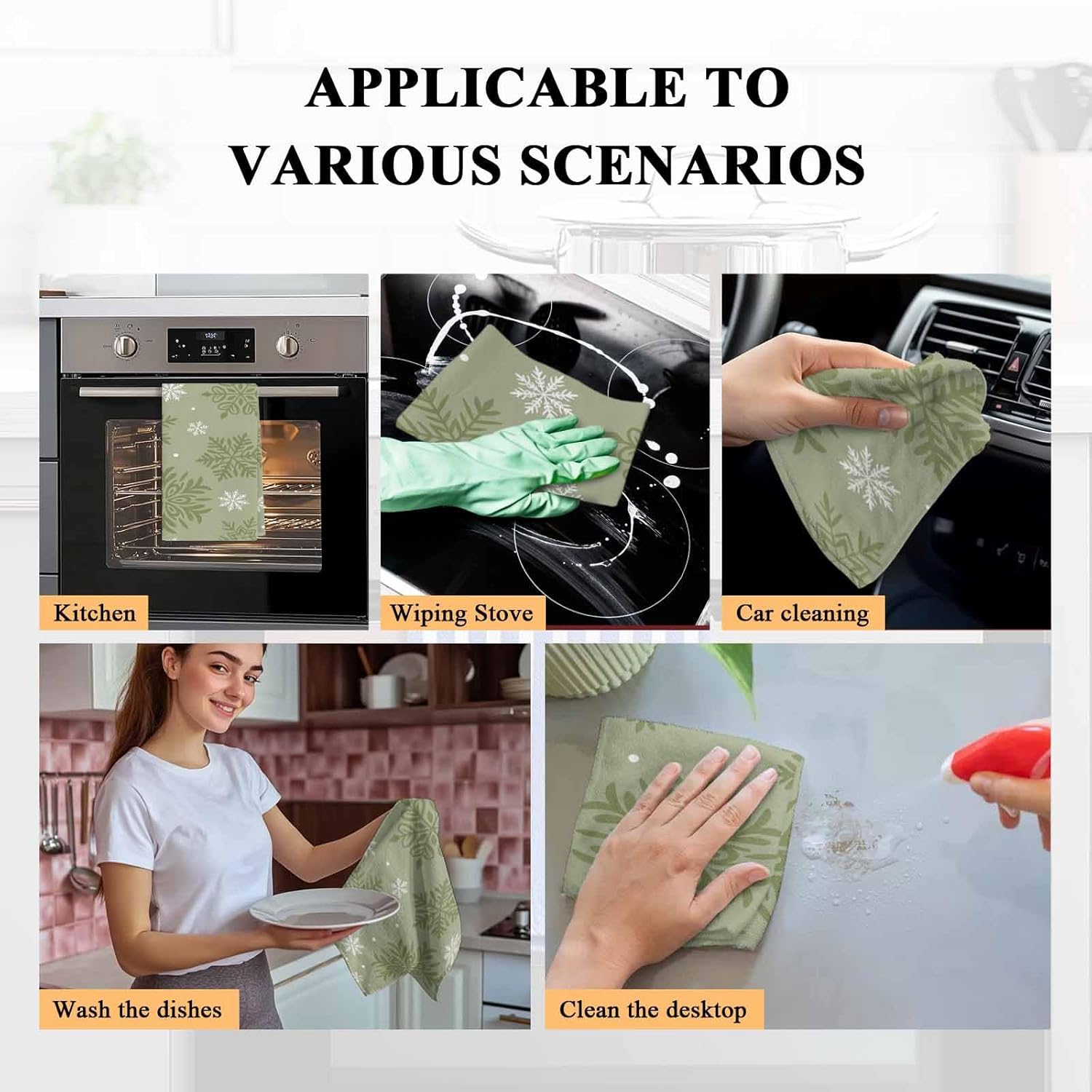 Sage Green Christmas Kitchen Towels, Absorbent Microfiber Kitchen Dish Hand Tea Bath Towel, Winter Xmas Snowflakes Textured Quick Dry Cleaning Cloth Dishclothes Decorative Sets, (3-PC, 18x28)