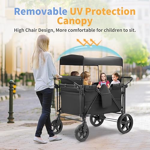 Miniatura 6 de Cochecito para 4 niños, carrito con 4 asientos altos con arneses de 5 puntos y toldo ajustable, cochecito plegable doble barra de empuje para