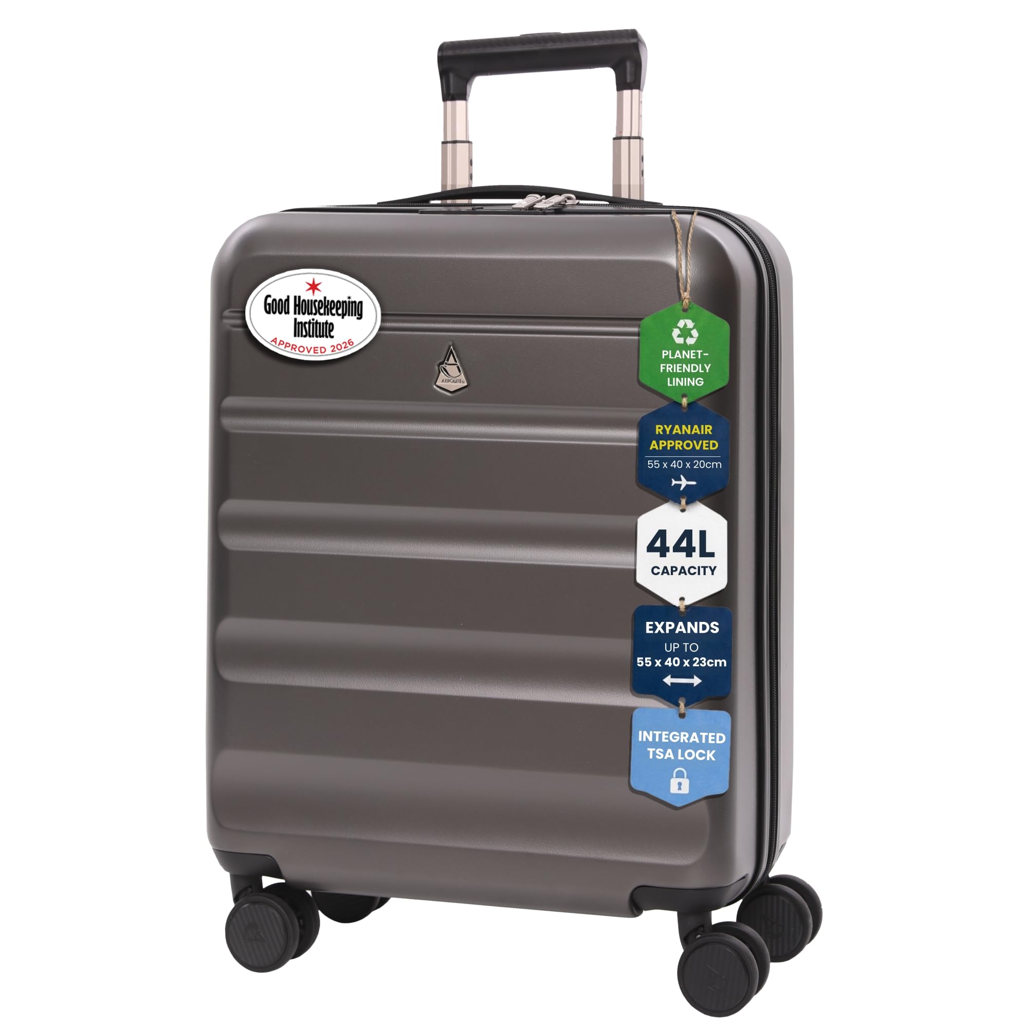 Aerolite 55x40x20 Expandable Ryanair Priority 4 Wheel Cabin Suitcase | Hard Shell Case TSA Lock Max Size 55x40x20cm to 55x40x23 Carry On Hand Cabin Luggage 4 Dual Spinner Wheels Charcoal product thumbnail 2