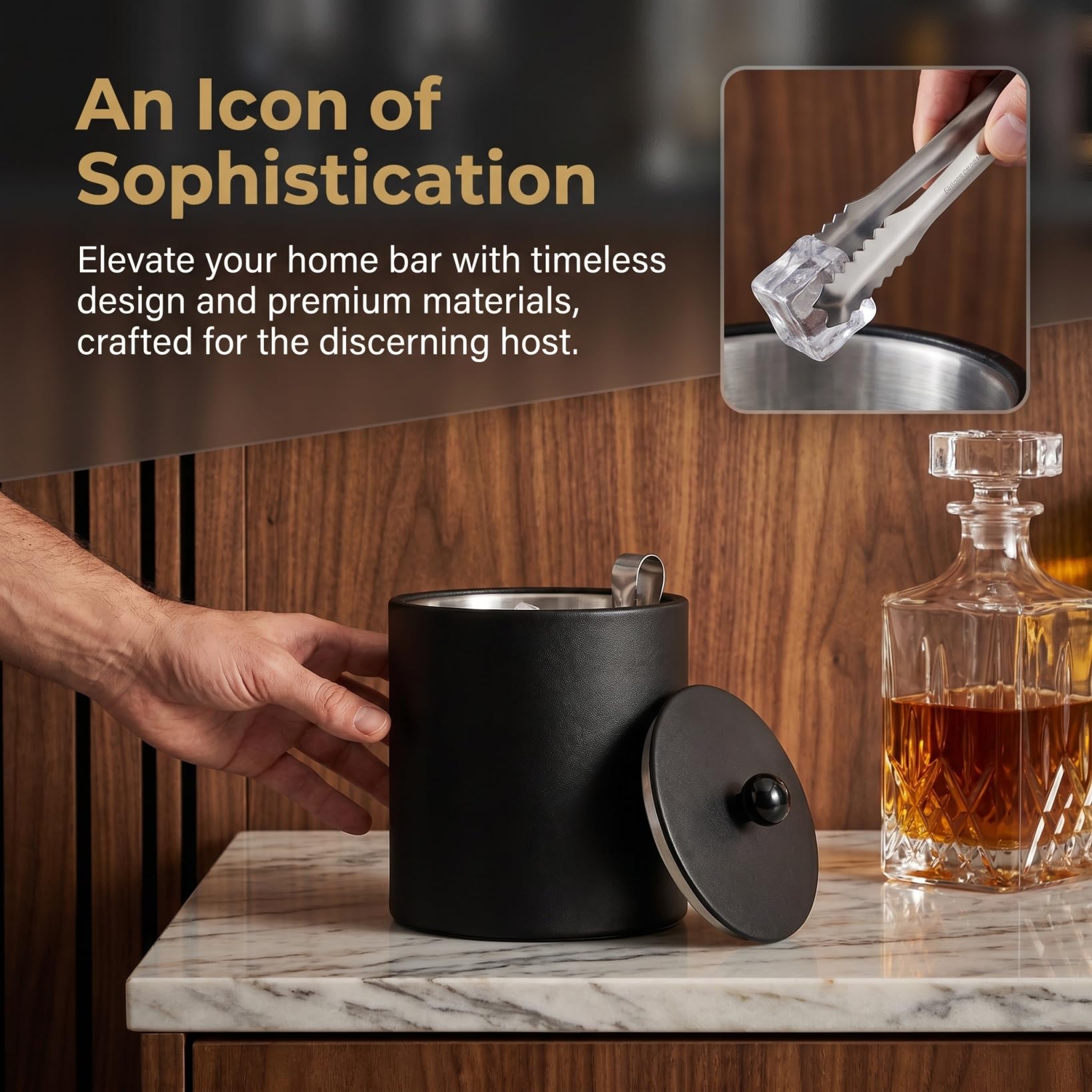 DOITOOL Cubo de hielo con tapa, pinzas y colador, cubo de hielo aislado de acero inoxidable para barra de cóctel, ideal para cócteles, fiestas, vino frío, champán (negro)