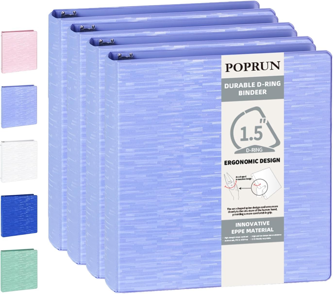 POPRUN 3 D Ring Binder 1.5 Inch, PVC-Free, Holds 375 Sheets of 8.5 x 11 Paper, Extra Durable Organizer with 2 Pockets for School & Office, Heavy-Duty, 4 Pack, Cornflower Purple