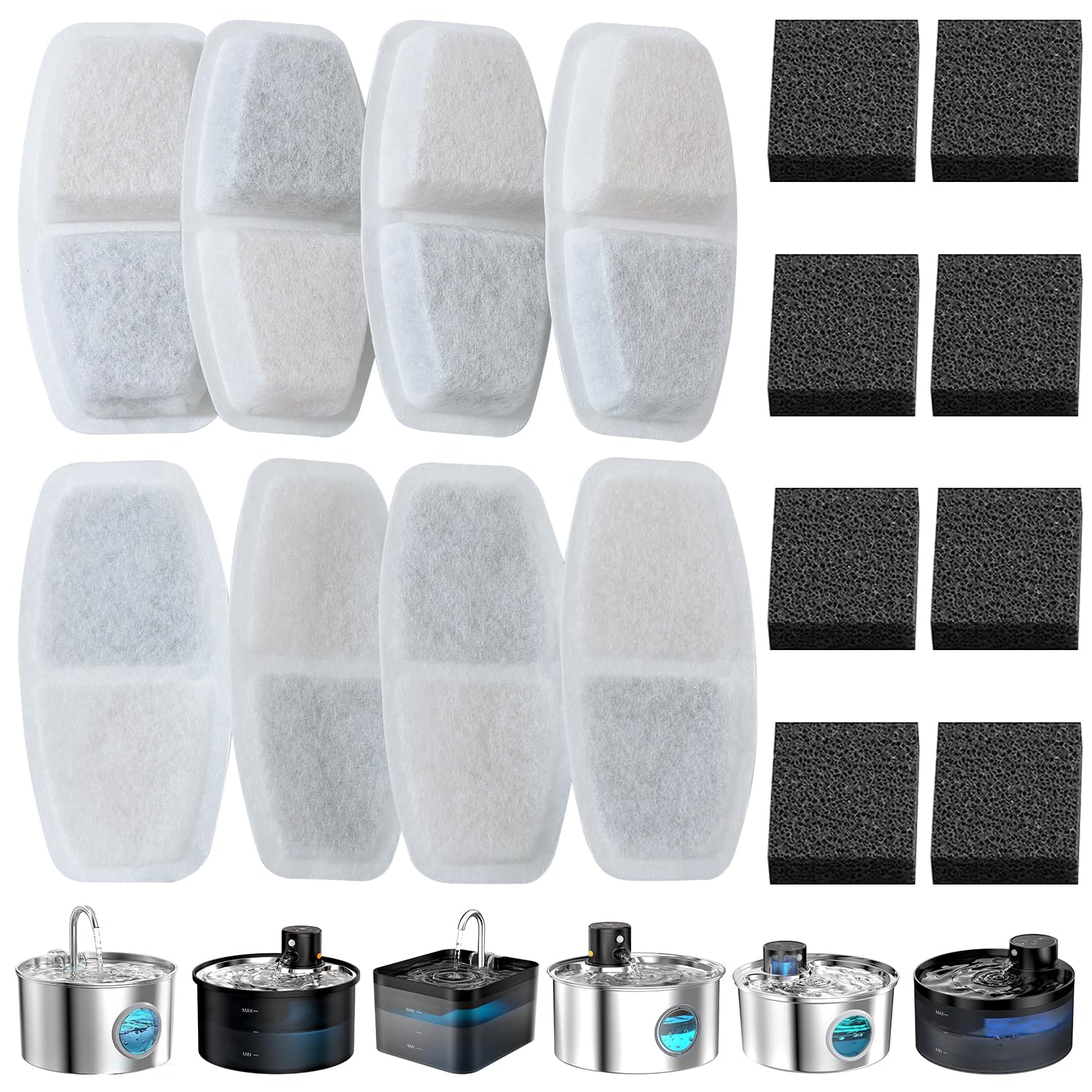 Zemiu Cat Water Fountain Filters 16 PCS– Compatible with 3.2L, 2.6L, 2.5L, 2.2L Pet Water Fountains,Triple Filtration, Premium Activated Carbon Foam,Universal Filter — image 1