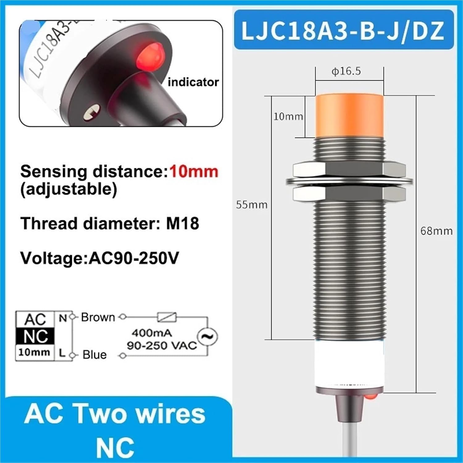 1pcs LJC18A3 BX AX by AY EZ DZ Proximity Switch PNP/NPN DC6V-36V AC90-250V Distance10mm M18 Capacitive Proximity Sensor(10MM AC NC)