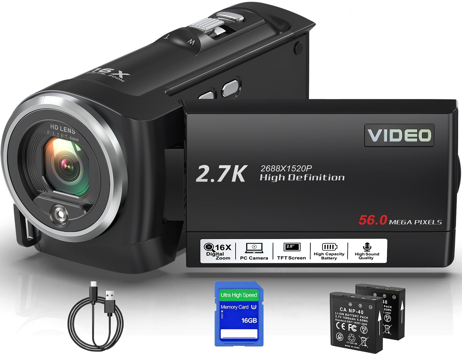 Videocamera 2.7K 56MP Camcorder 16X Zoom Digitale Luce di riempimento Vlogging Camera | Videocamera vlogging con luce di riempimento a LED, per YouTube, schermo LCD da 2,8", scheda SD da 16 GB, 2 batterie