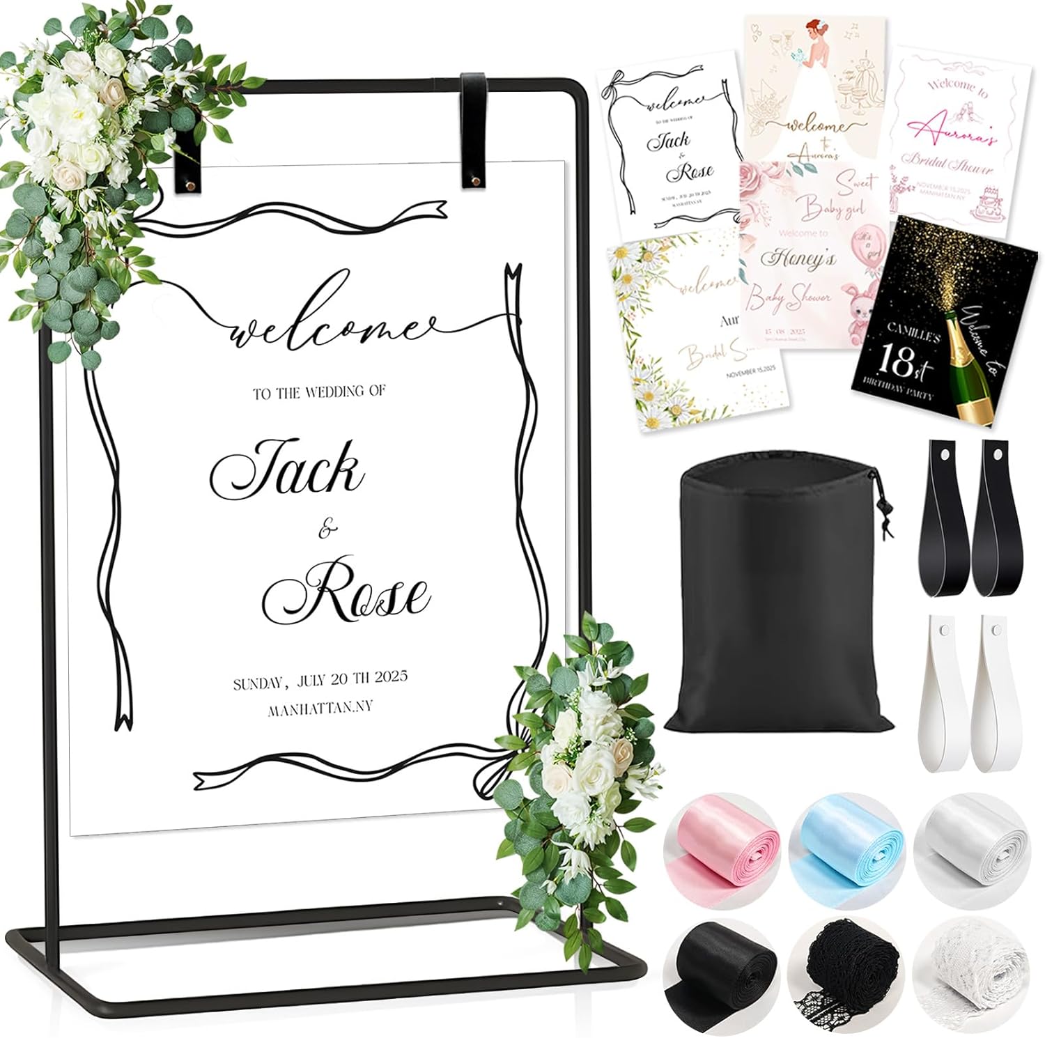 Wedding Welcome Sign Stand, Welcome to Our Wedding Sign Holder for Seating Charts & Poster, Black Metal Easel Stand with Design Bundle and Hanging Straps for Wedding Baby Shower Birthday Decor